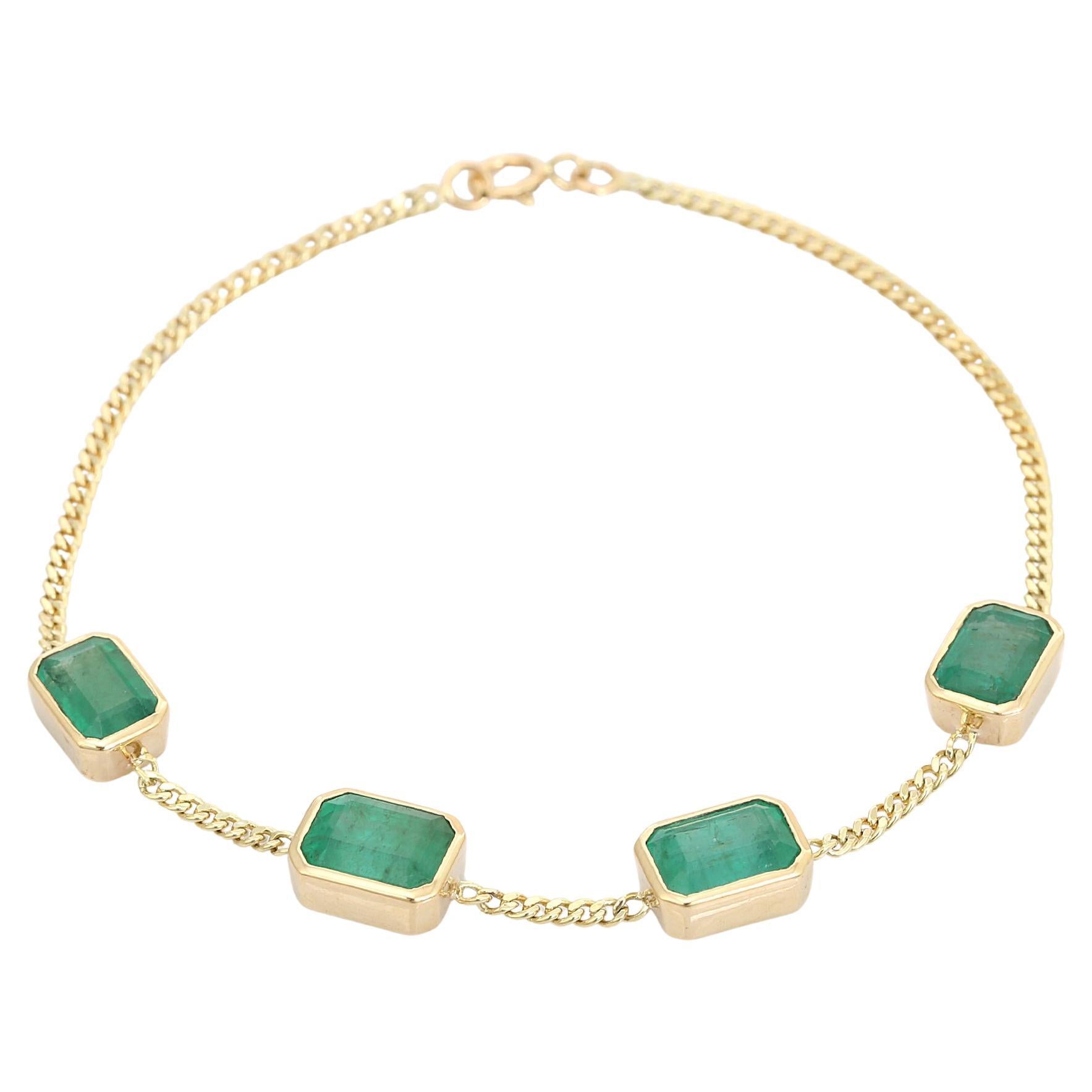 Bracelet d'inspiration vintage en or jaune 14k serti d'émeraudes pour femmes en vente