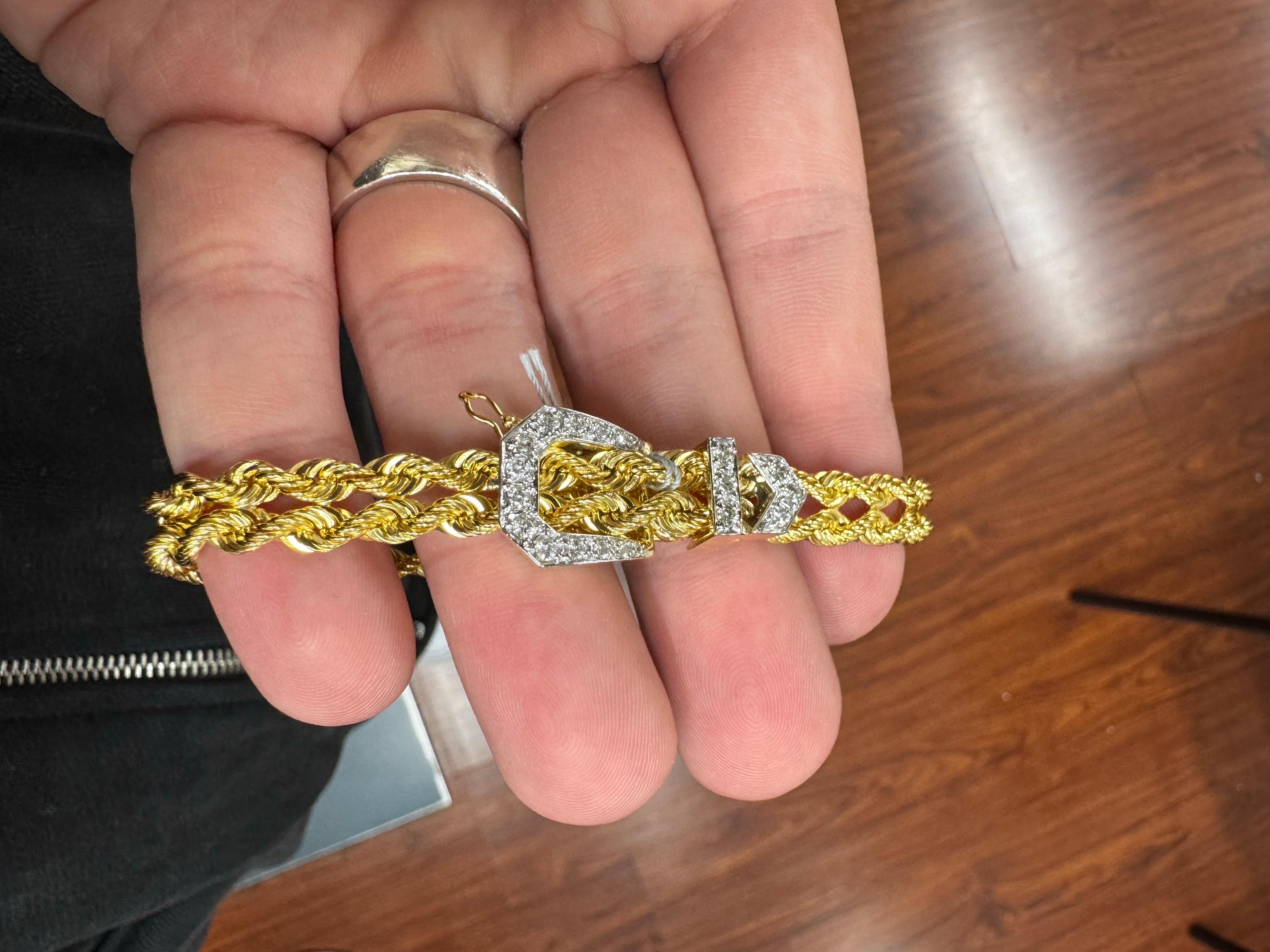 Vintage-Inspired 14k Yellow Gold Double Chain Belt Buckle Bracelet with Diamonds In Excellent Condition For Sale In Los Angeles, CA