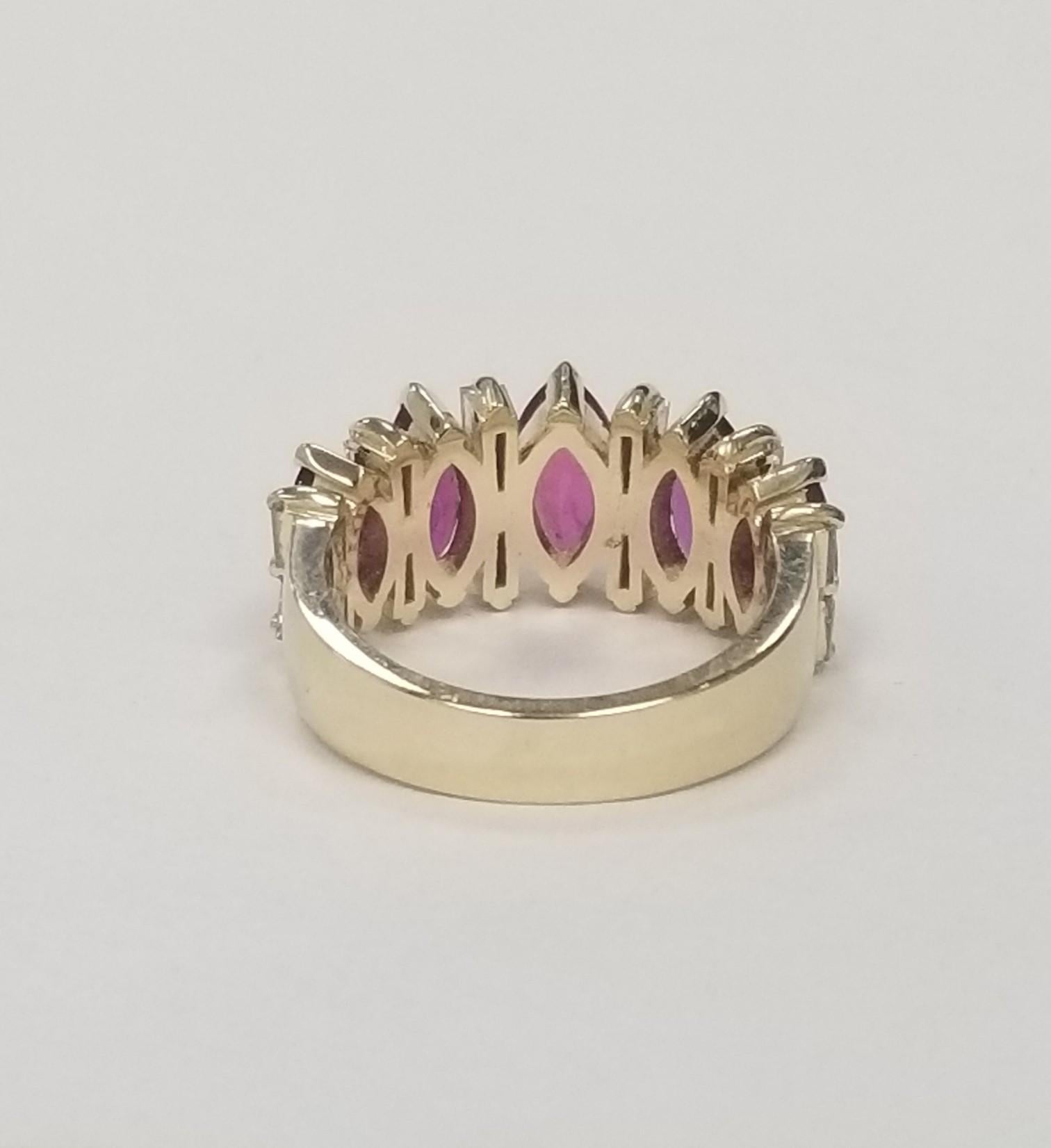 Retro Vintage Inspired 14k Yellow Gold Marquise Ruby & Baguette Diamond Wedding Ring  For Sale