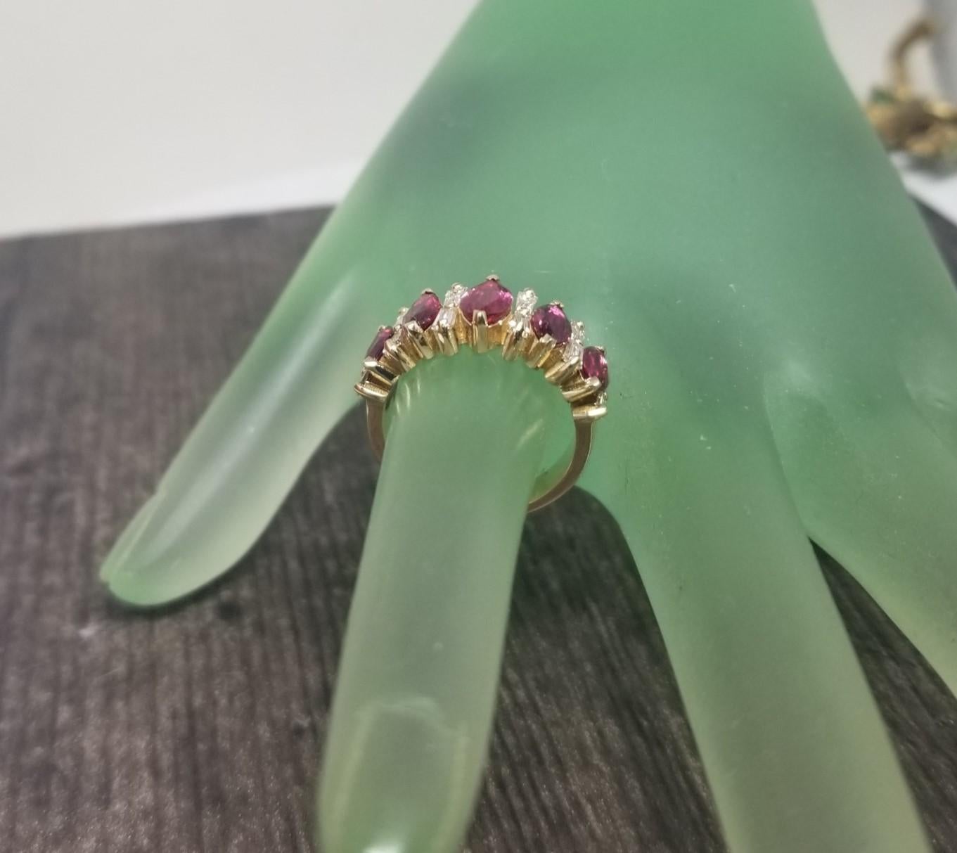 Vintage Inspired 14k Yellow Gold Marquise Ruby & Baguette Diamond Wedding Ring For Sale 1