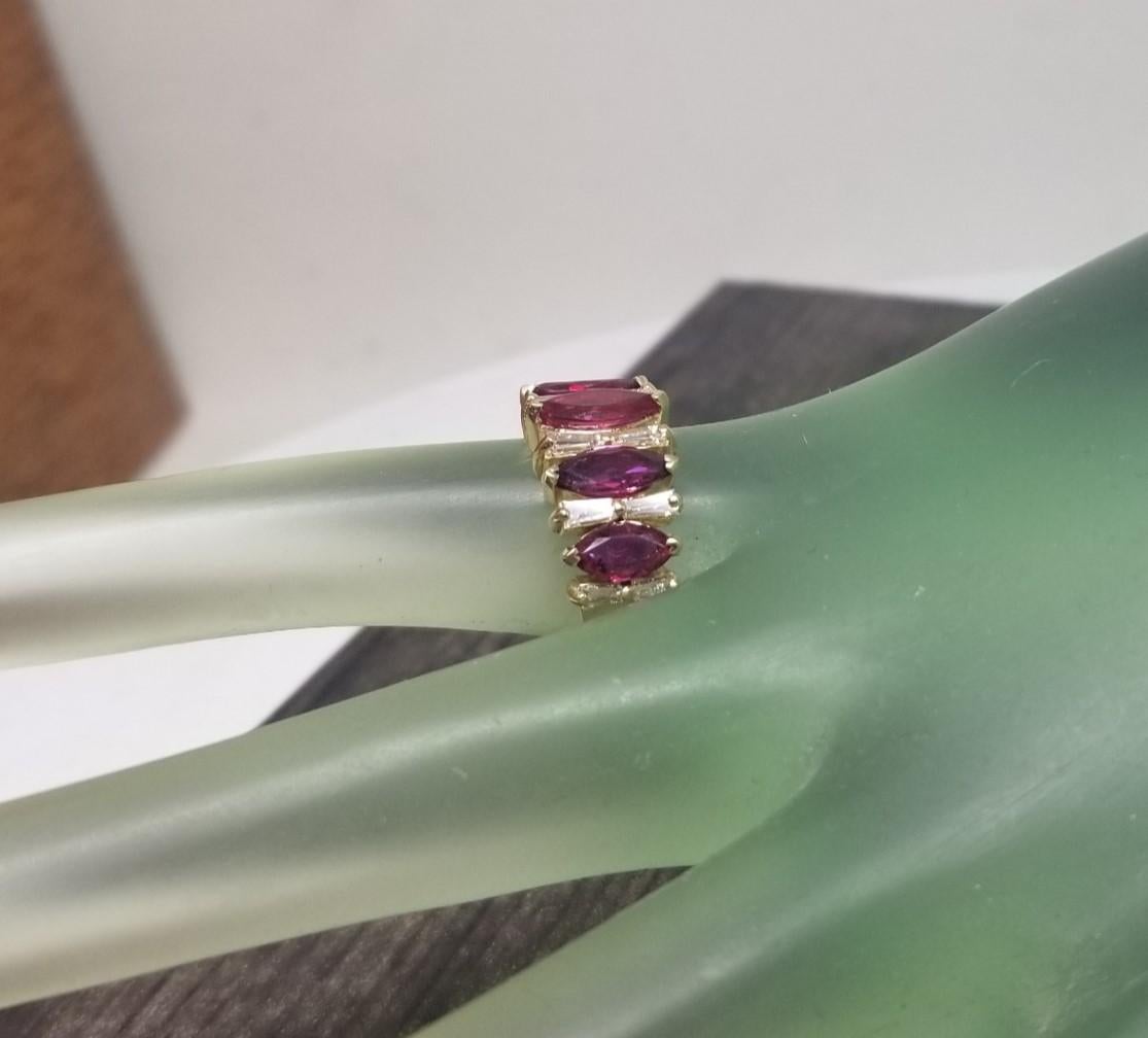 Vintage Inspired 14k Yellow Gold Marquise Ruby & Baguette Diamond Wedding Ring  For Sale 2