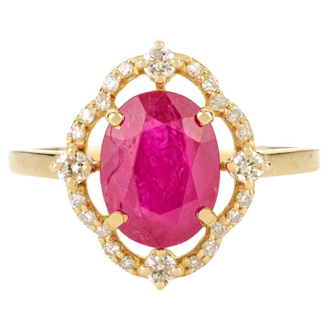 En vente :  Bague Halo en or jaune 14k serti de rubis et de diamants pour femme, d'inspiration vintage