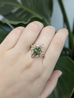 Vintage Inspired 1.6cts Tsavorite Garnet Ring w Natural Diamonds: 14K Solid Gold