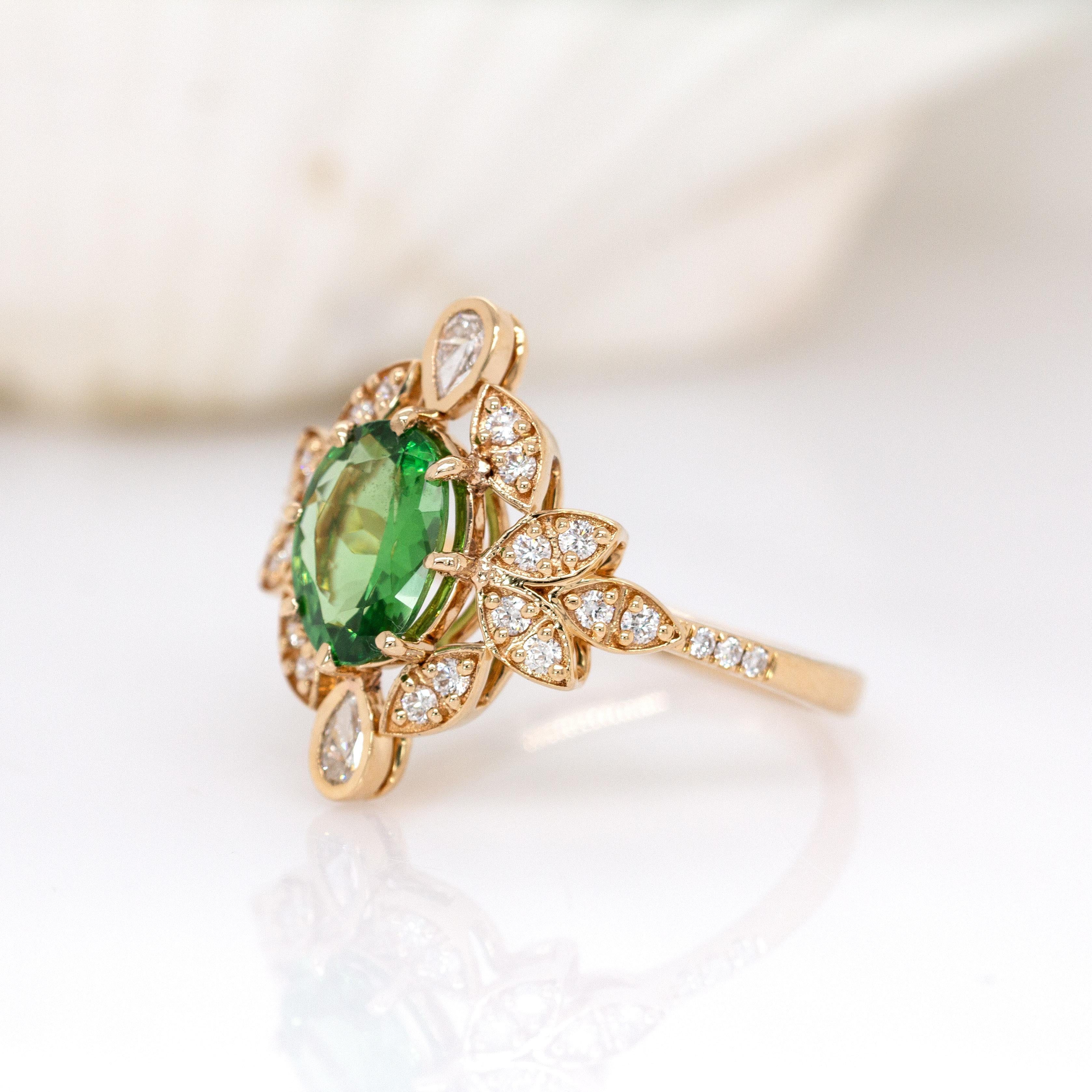 Vintage Inspiriert 1,6cts Tsavorit Granat Ring w natürlichen Diamanten: 14K Massiv Gold Damen im Angebot