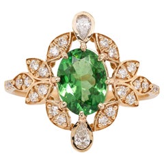 Vintage Inspired 1.6cts Tsavorite Garnet Ring w Natural Diamonds: 14K Solid Gold