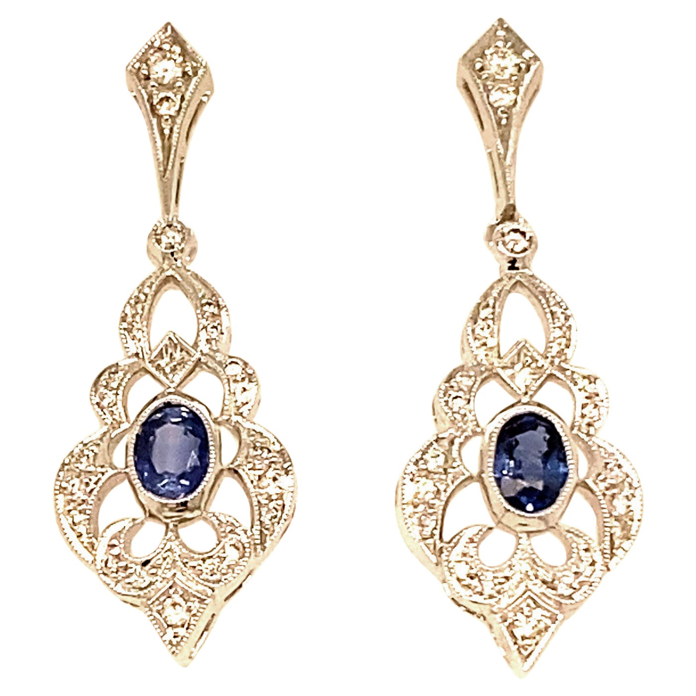 Vintage Inspired 18 Karat White Gold Oval Sapphire Drop Earrings For Sale