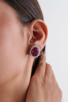 Vintage-Inspired 18.91ct Ruby & 2.30ct Diamond Halo Stud Earrings 14K White Gold