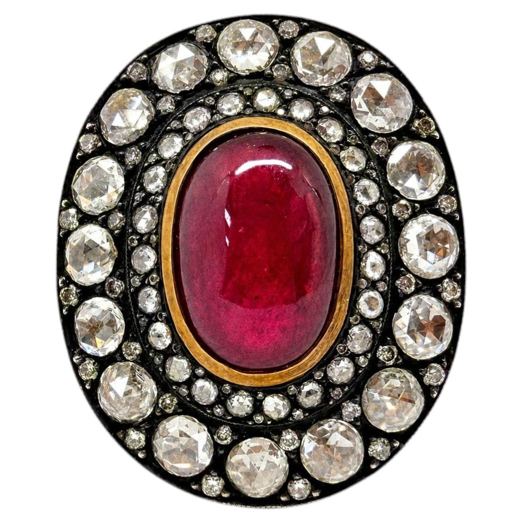 Vintage Inspired 18K 9.02 Carat African Ruby and Diamond Cocktail Ring