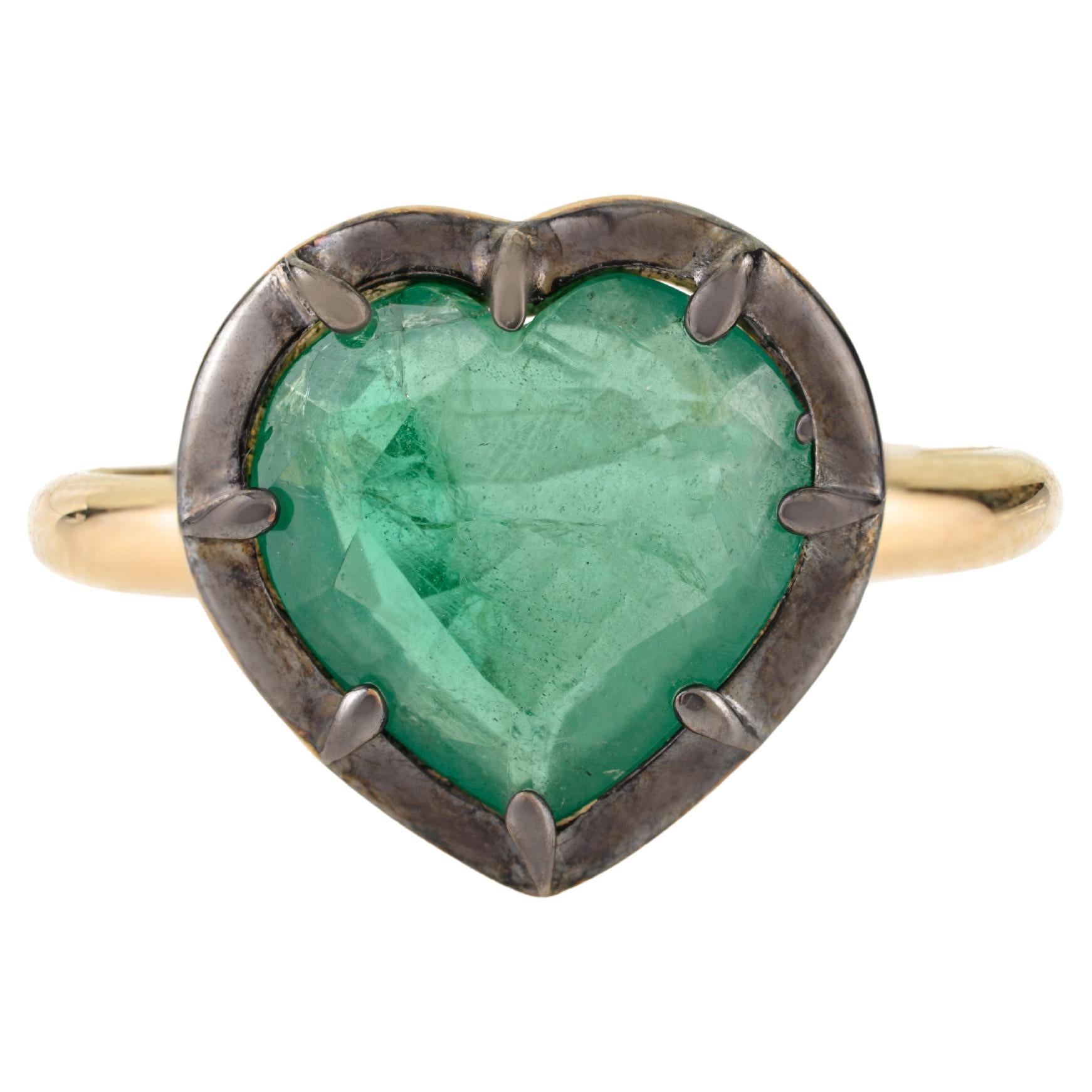 Bague Solitaire Emeraude en Or Jaune 18K 2.37Ct en forme de Coeur d
inspiration Vintage Cadeau