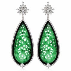Vintage Inspired 18KT Gold Carved Jade Teardrop Earrings With Black Onyx Frame