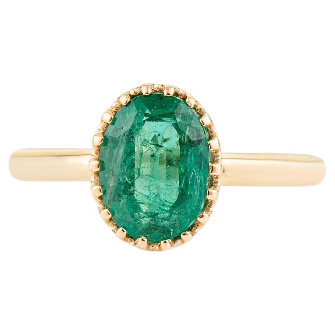 Vintage-Inspired 1.9 Oval Cut Natural Emerald Solitaire Ring in 18K Yellow Gold