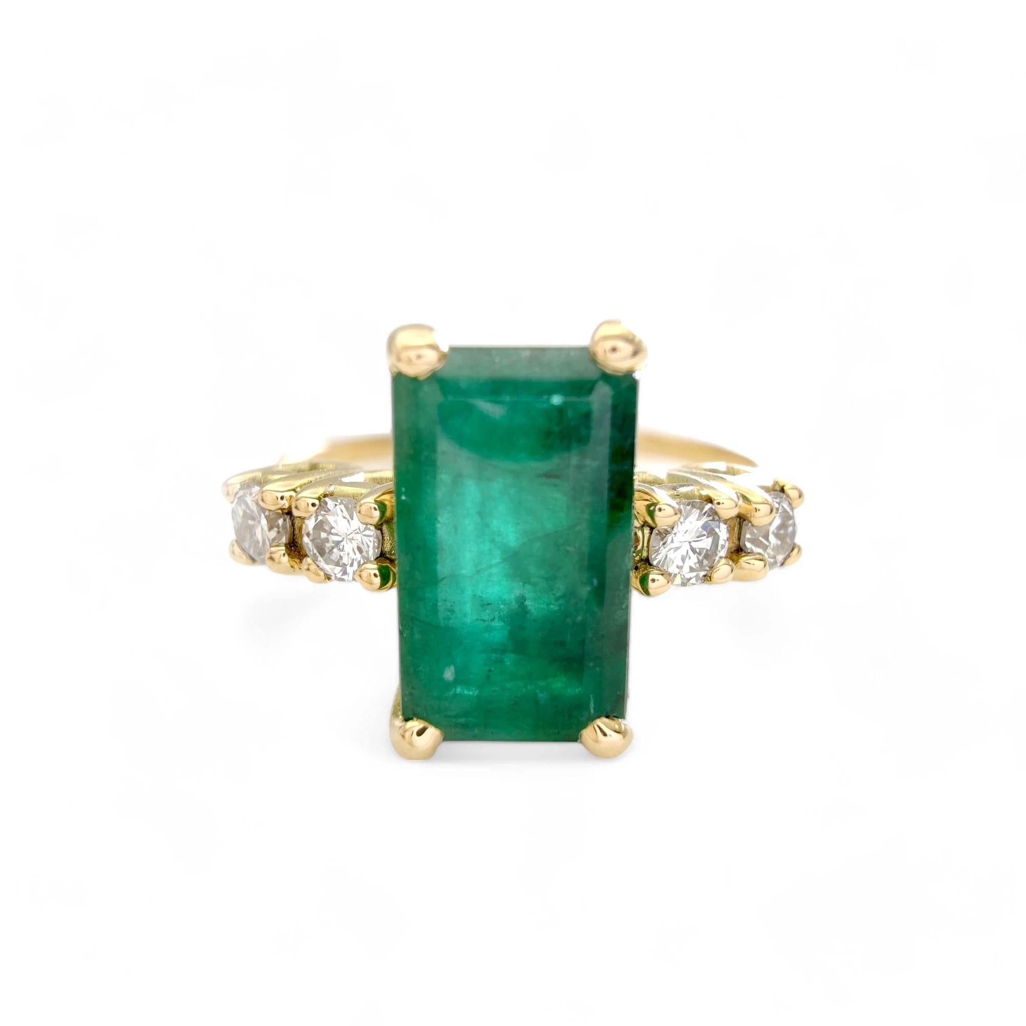 Contemporary Vintage-Inspired 2.38 Ct Emerald Ring 0.16 Ct Diamonds 18K Yellow Gold
