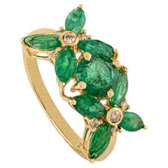 Vintage Inspired 3 Ct Emerald and Diamond Floral Cluster Ring in 14K Yellow Gold