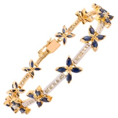 Bracelet Tennis d'inspiration Vintage 5.25Ct Sapphire & Diamond Floral en or 14K