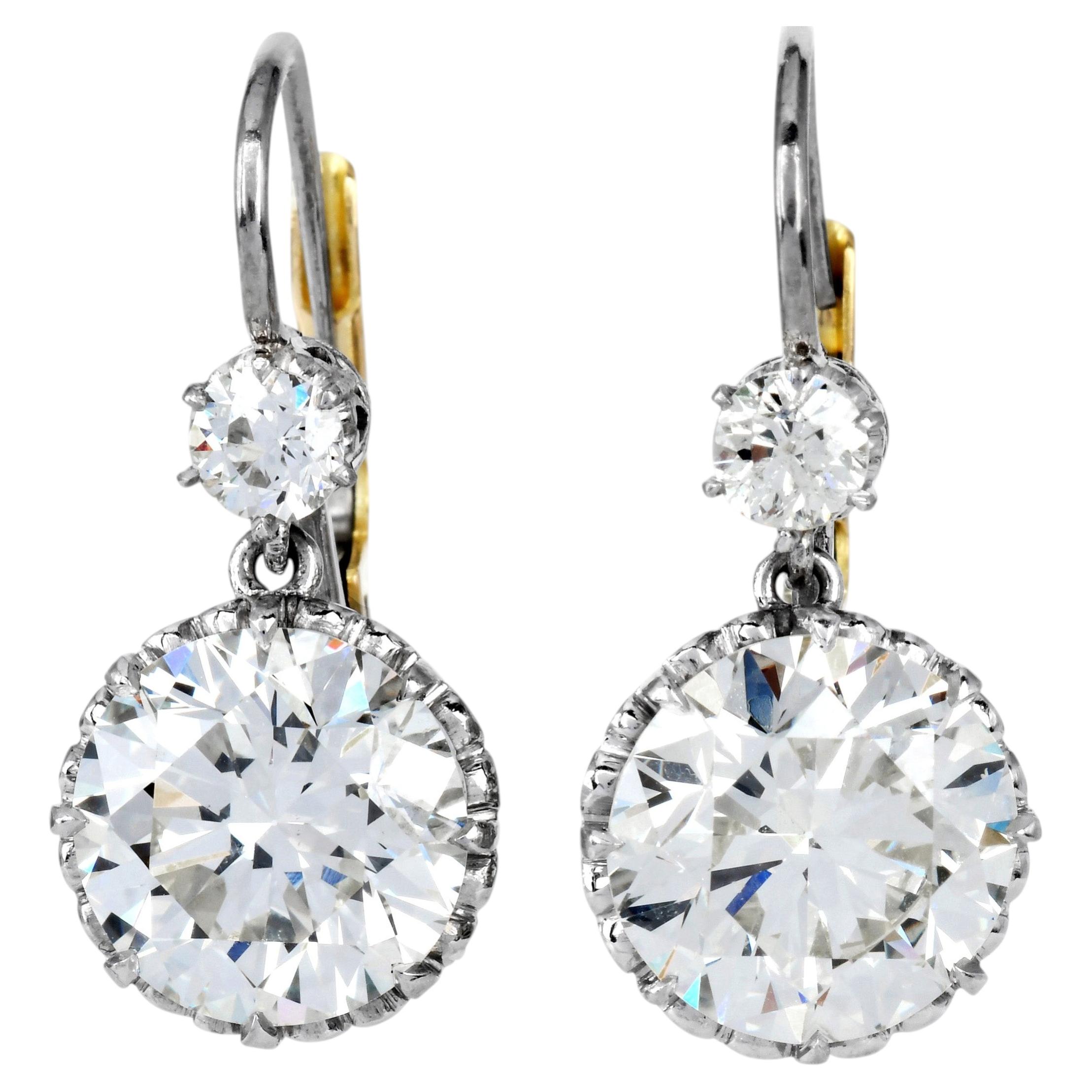 Orecchini pendenti in platino e oro 18 carati con diamanti da 6,18 carati, in stile vintage