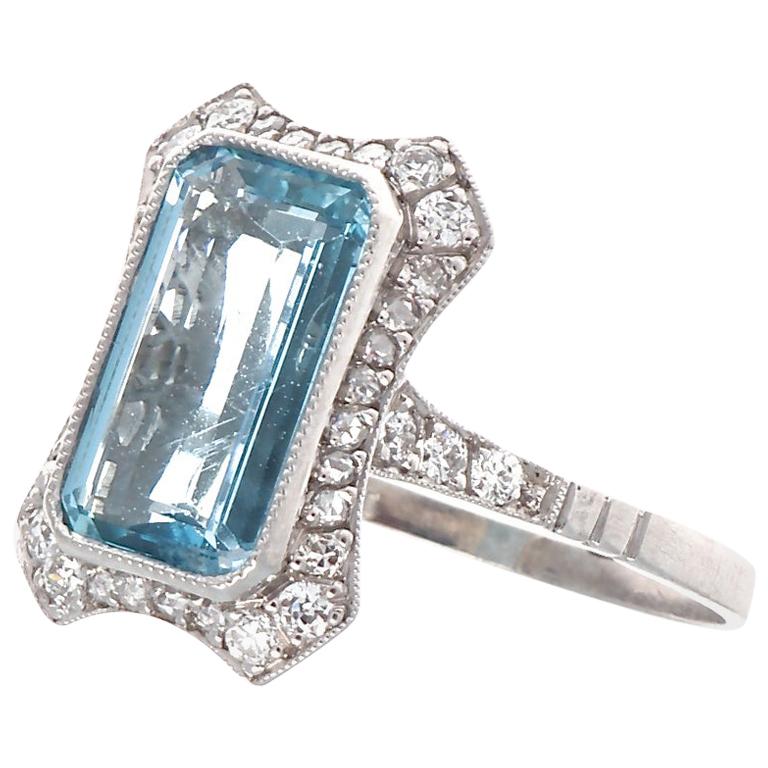 Vintage Inspired Aquamarine Diamond Platinum Ring