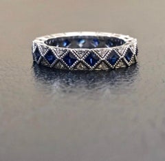 Vintage Inspired Art Deco Platinum Eternity Diamond Princess Cut Sapphire Band