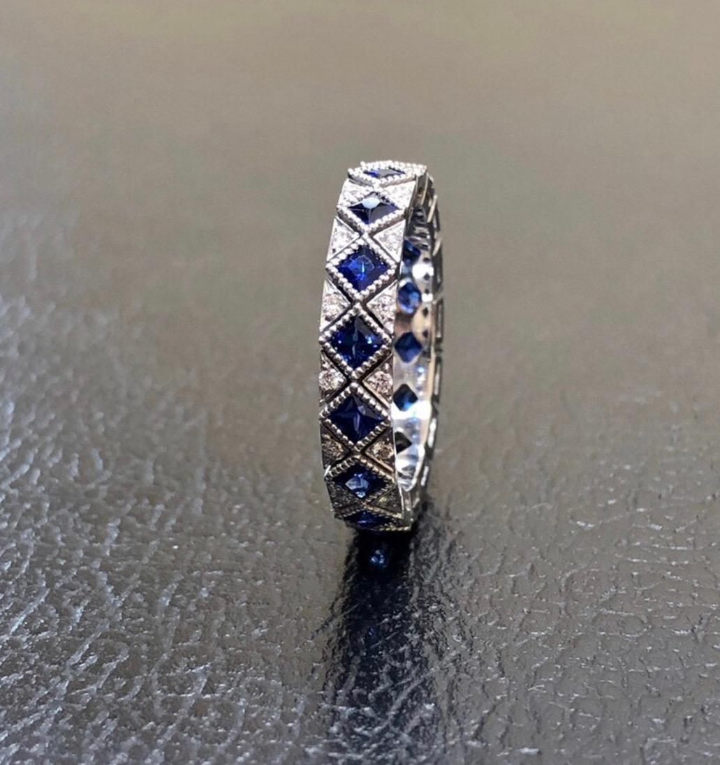 Vintage Inspired Art Deco Platinum Eternity Diamond Princess Cut Sapphire Band In New Condition For Sale In Los Angeles, CA