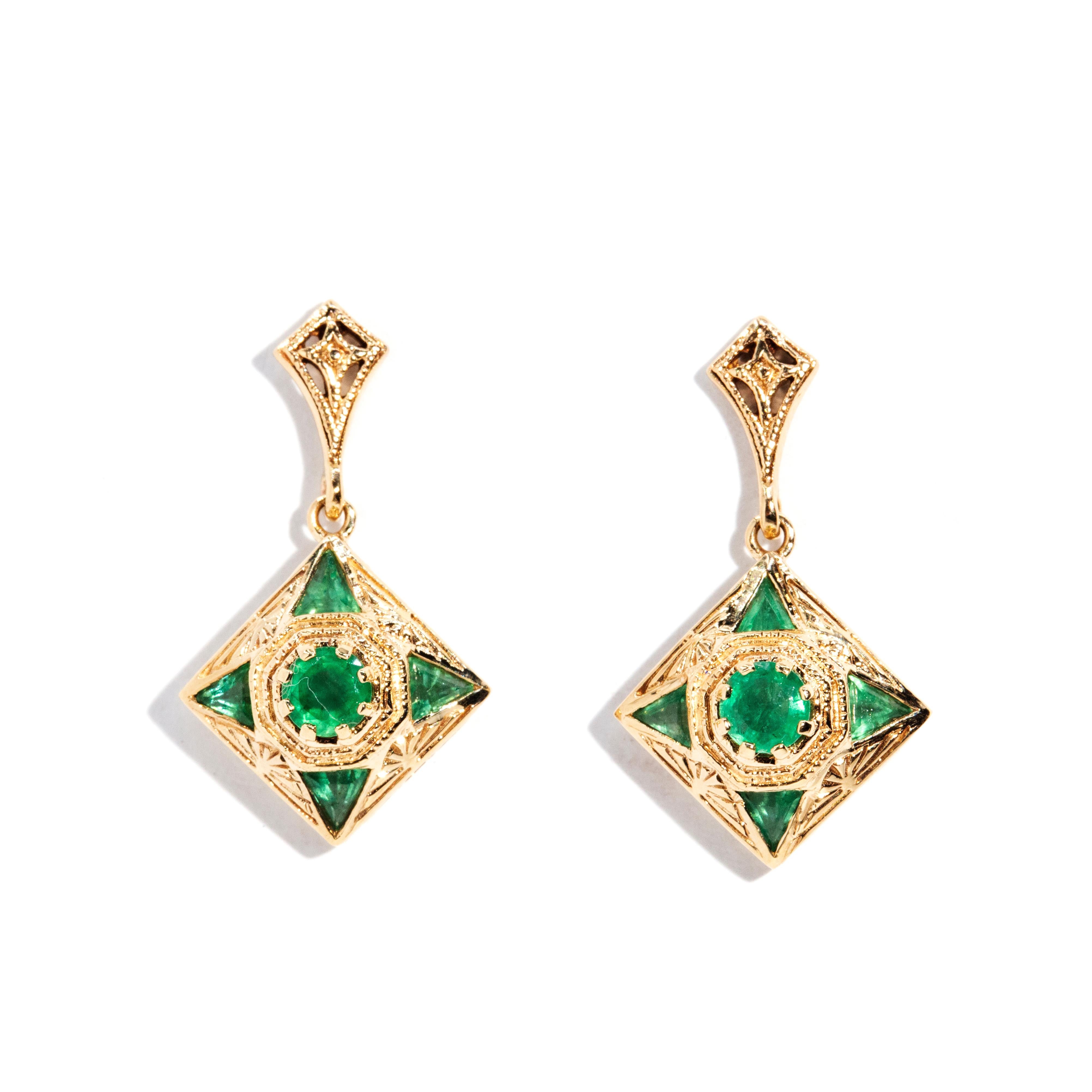 Women's Vintage Inspired Art Deco Style Bright Green Emerald Drop Earrings 9 Carat Gold For Sale