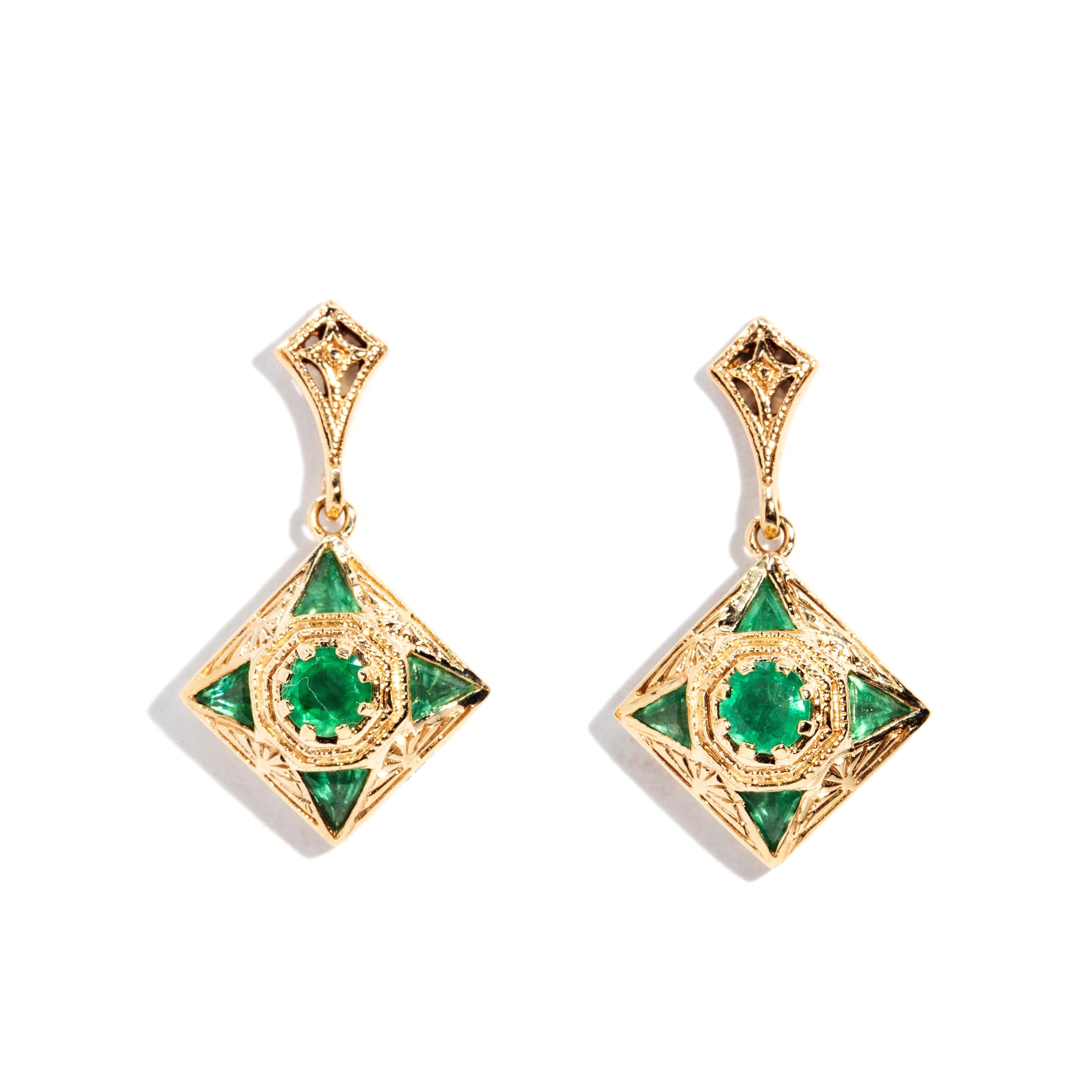 Women's Vintage Inspired Art Deco Style Bright Green Emerald Drop Earrings 9 Carat Gold