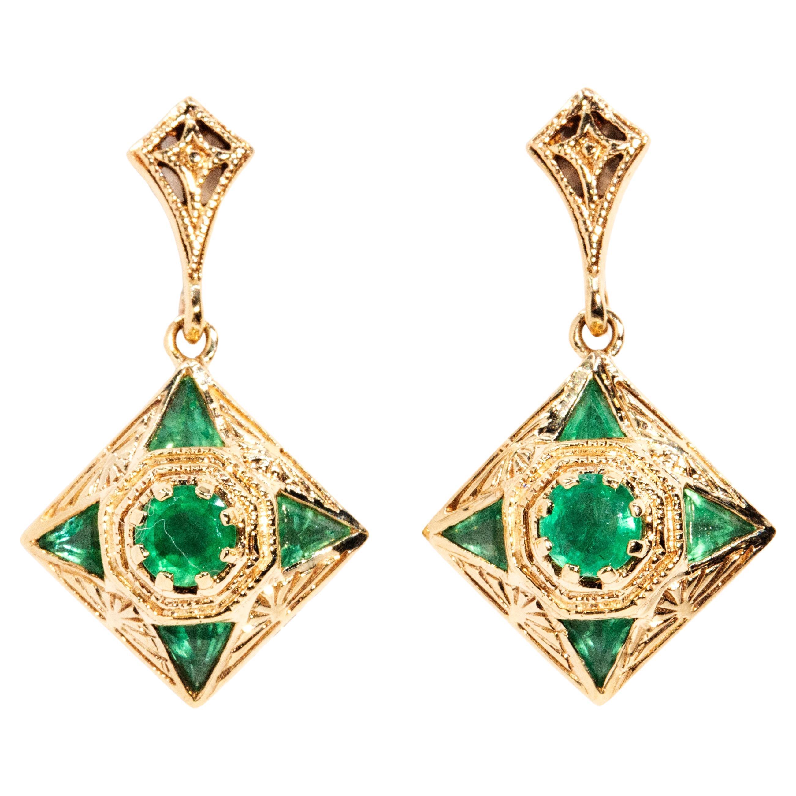 Vintage Inspired Art Deco Style Bright Green Emerald Drop Earrings 9 Carat Gold For Sale
