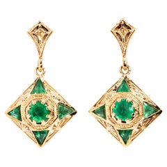 Vintage Inspired Art Deco Style Bright Green Emerald Drop Earrings 9 Carat Gold