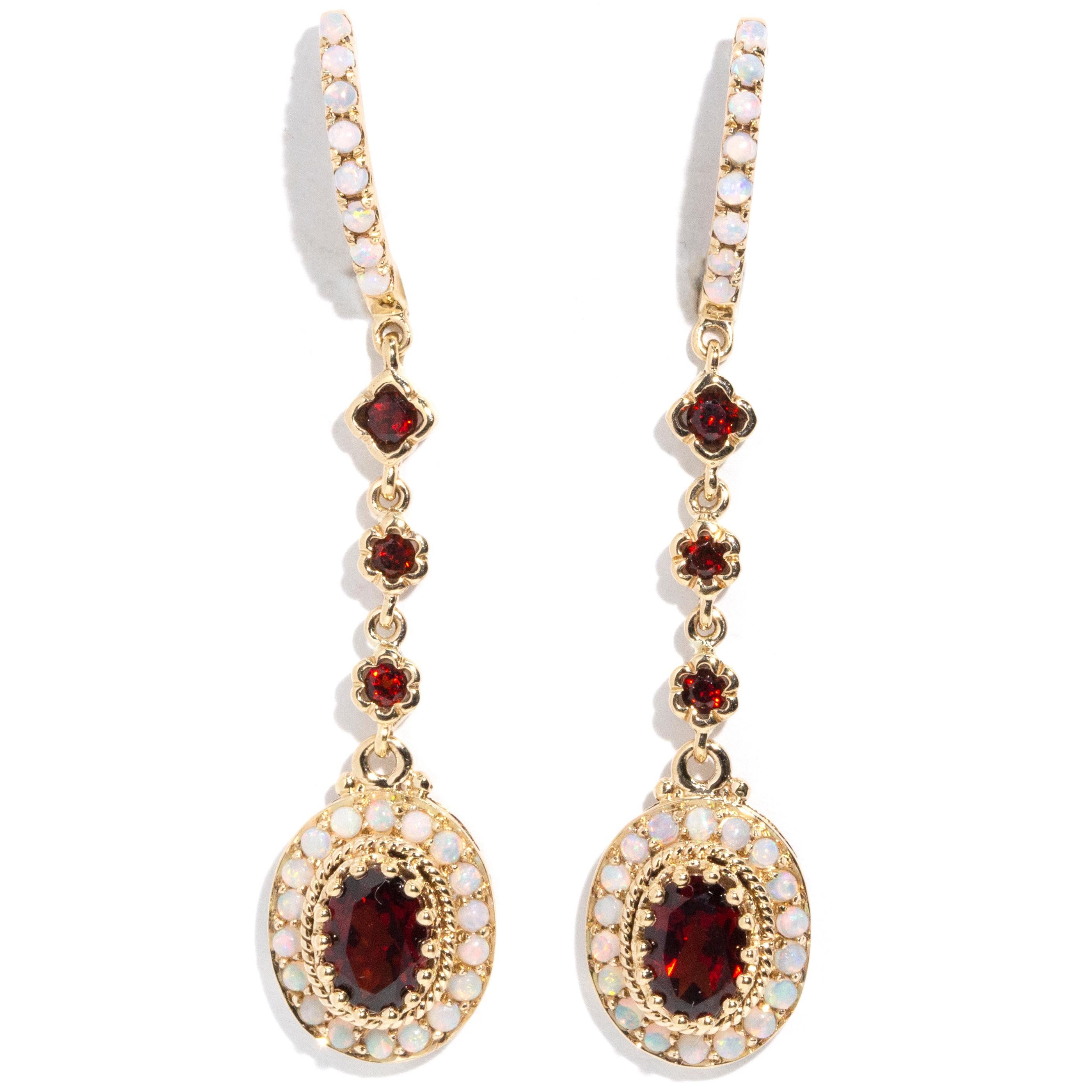 Contemporary Vintage Inspired Australian Opal & Deep Red Garnet Drop Earrings 9 Carat Gold For Sale