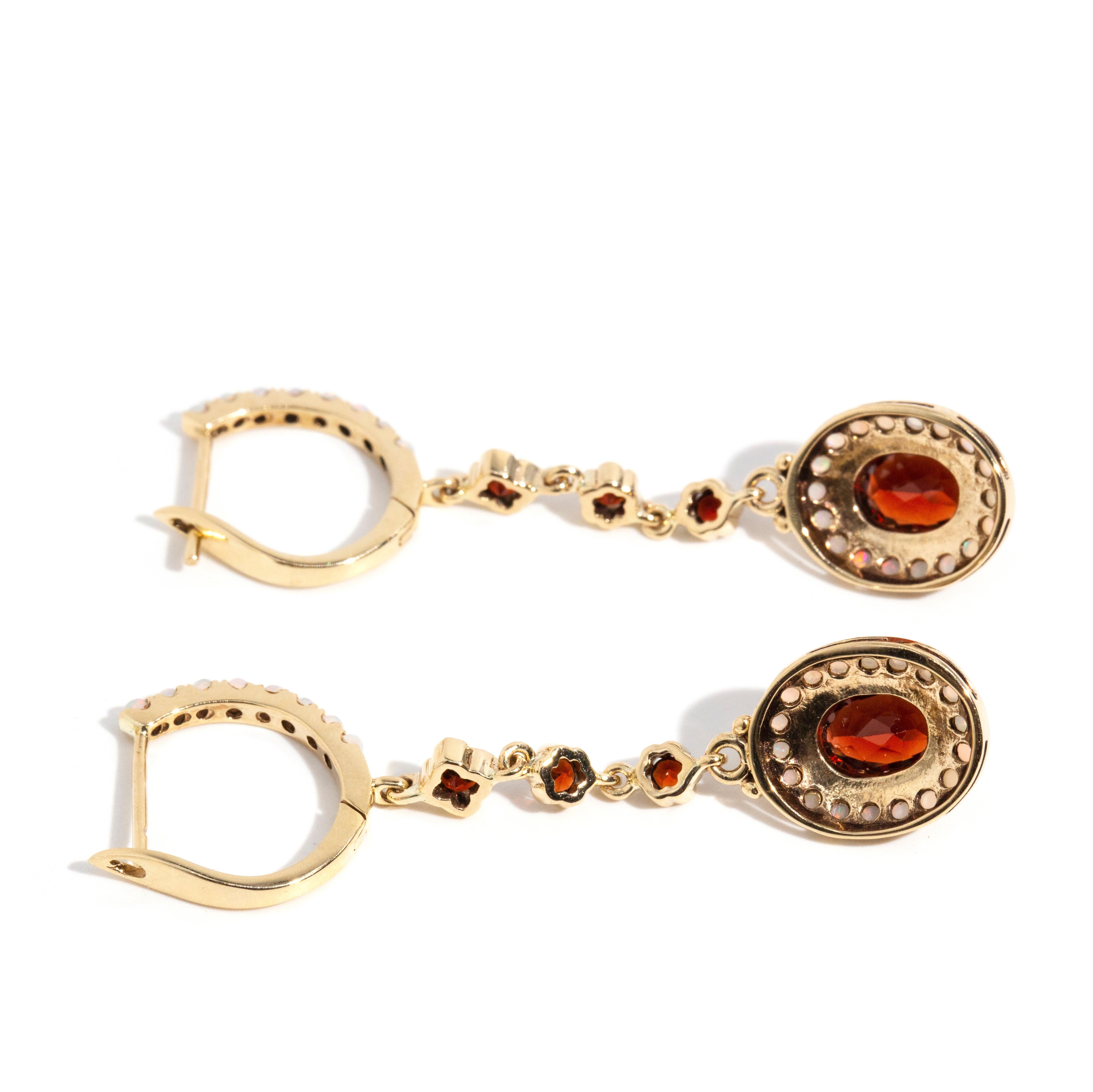 Vintage Inspired Australian Opal & Deep Red Garnet Drop Earrings 9 Carat Gold For Sale 1