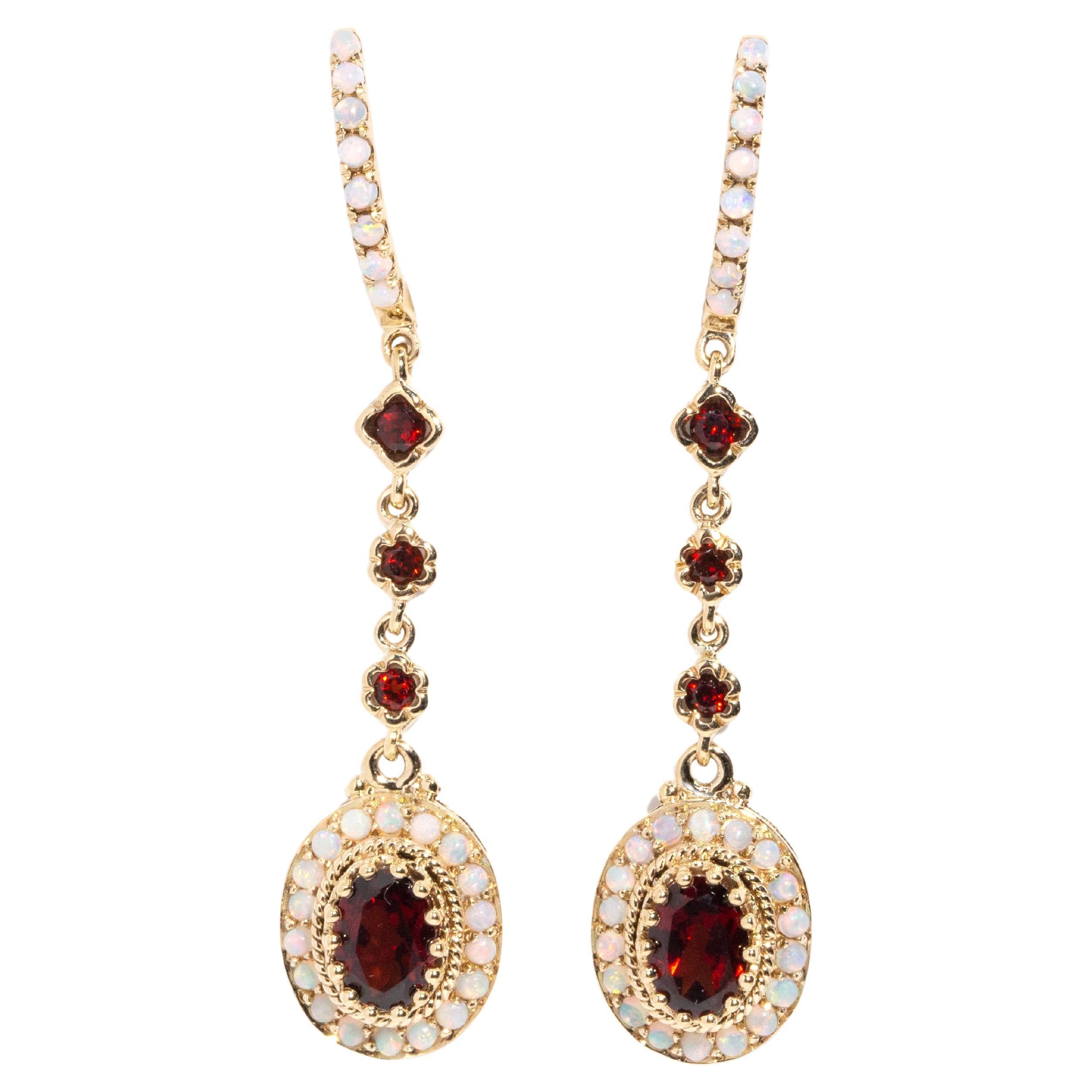 Vintage Inspired Australian Opal & Deep Red Garnet Drop Earrings 9 Carat Gold For Sale