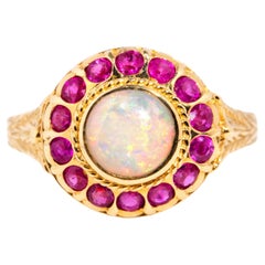 Vintage Inspired Australian Solid Round Opal & Red Ruby Ring 9 Carat Yellow Gold