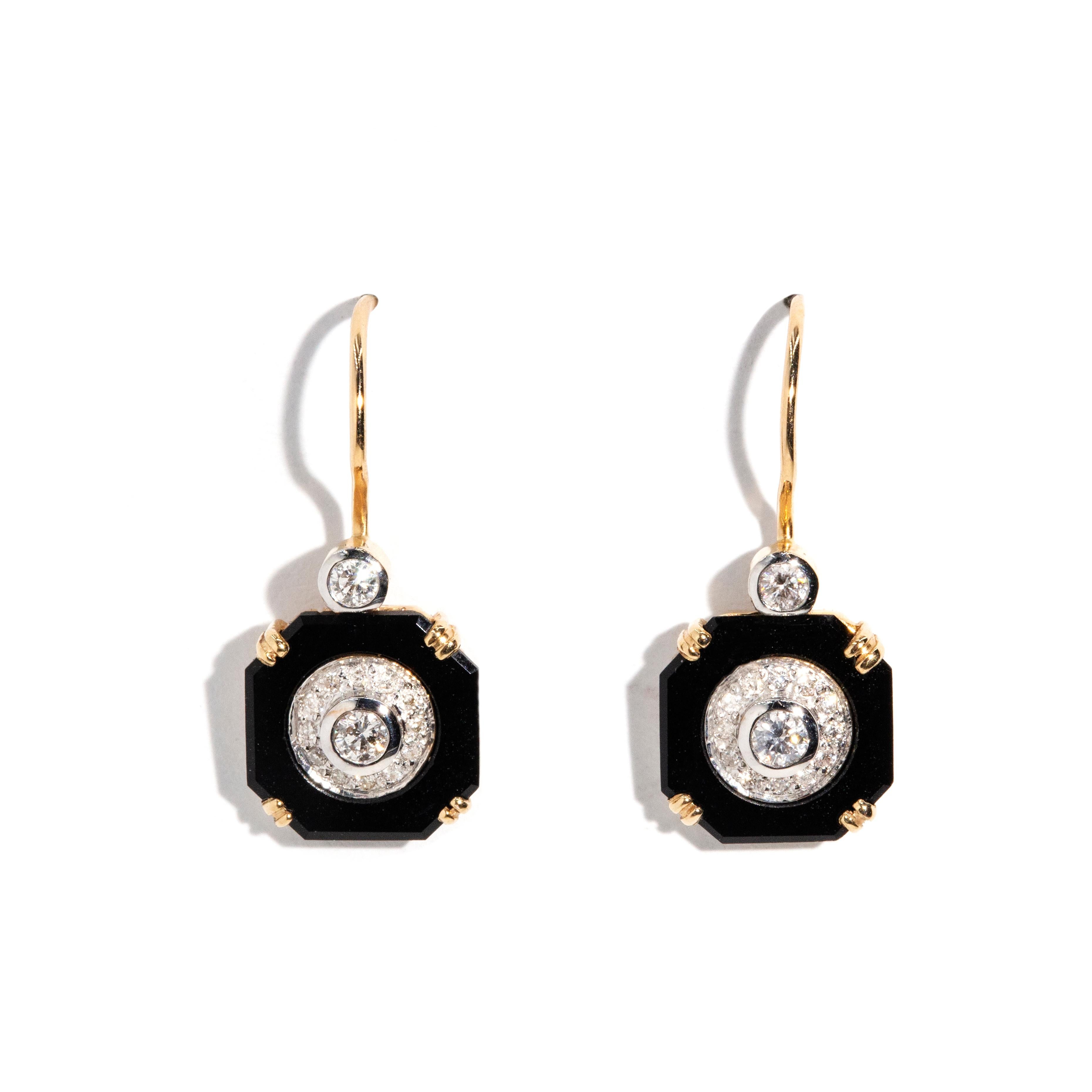 Contemporary Vintage Inspired Black Onyx & Brilliant Diamond Hook Style Earrings 9 Carat Gold