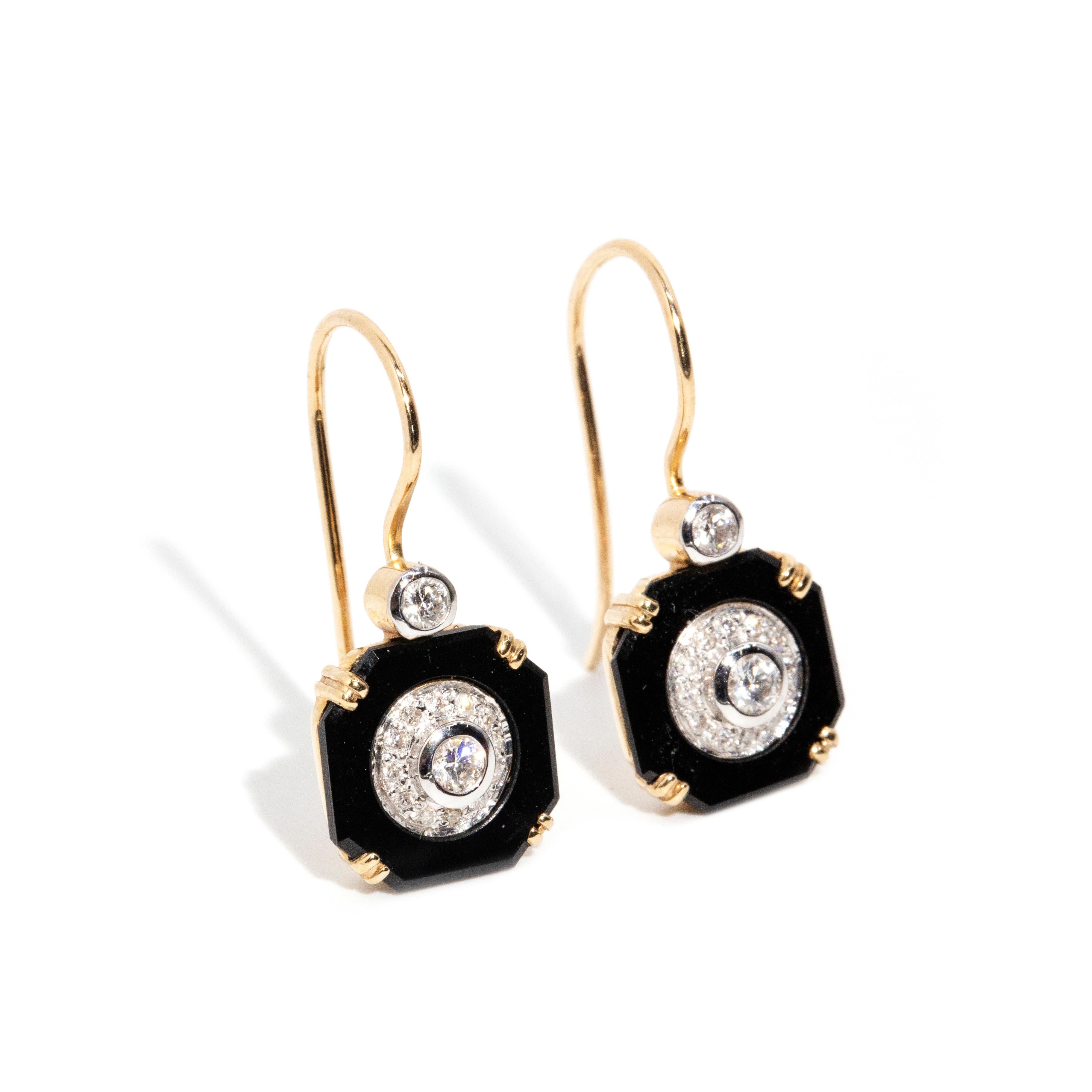 Vintage Inspired Black Onyx & Brilliant Diamond Hook Style Earrings 9 Carat Gold In New Condition In Hamilton, AU