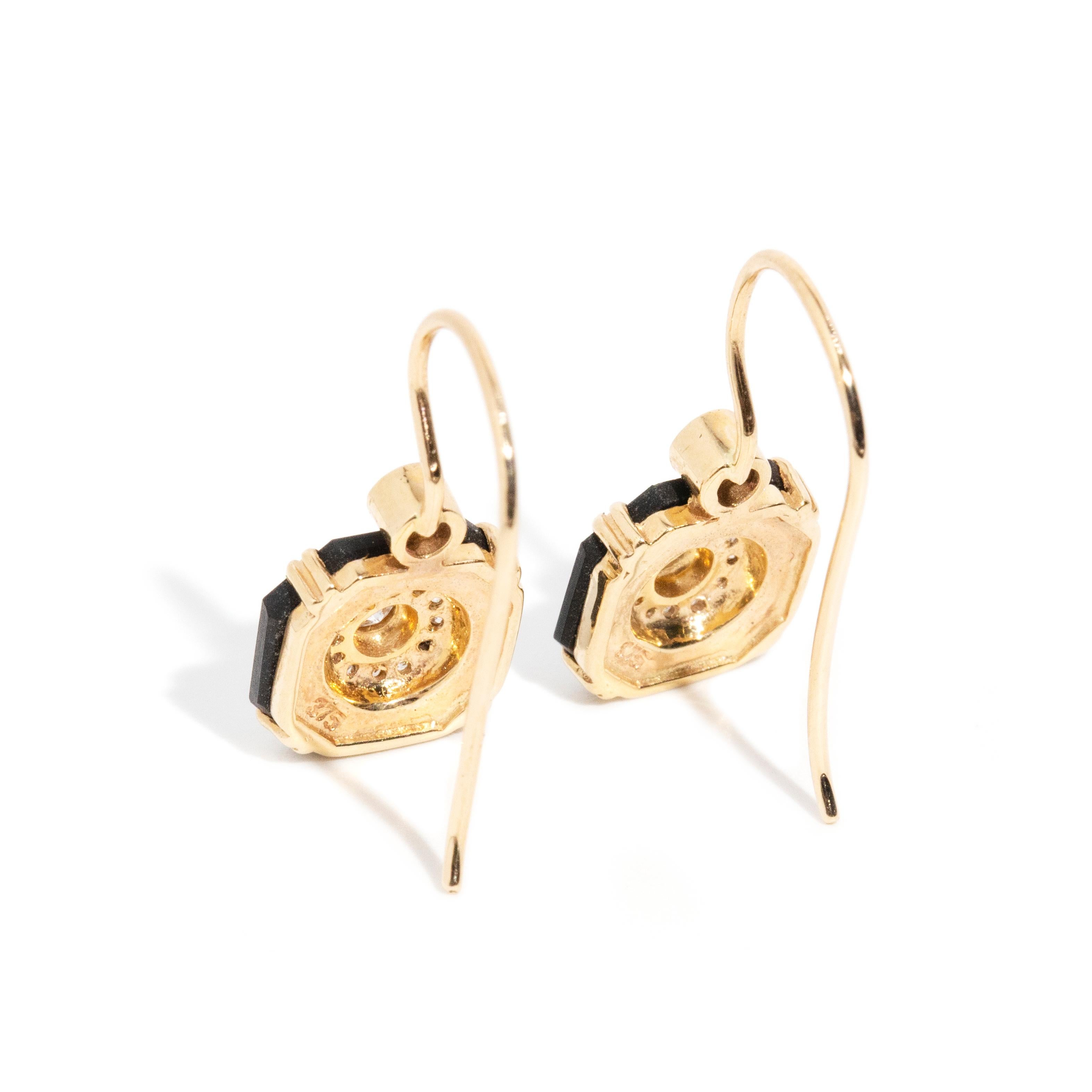 Vintage Inspired Black Onyx & Brilliant Diamond Hook Style Earrings 9 Carat Gold 1