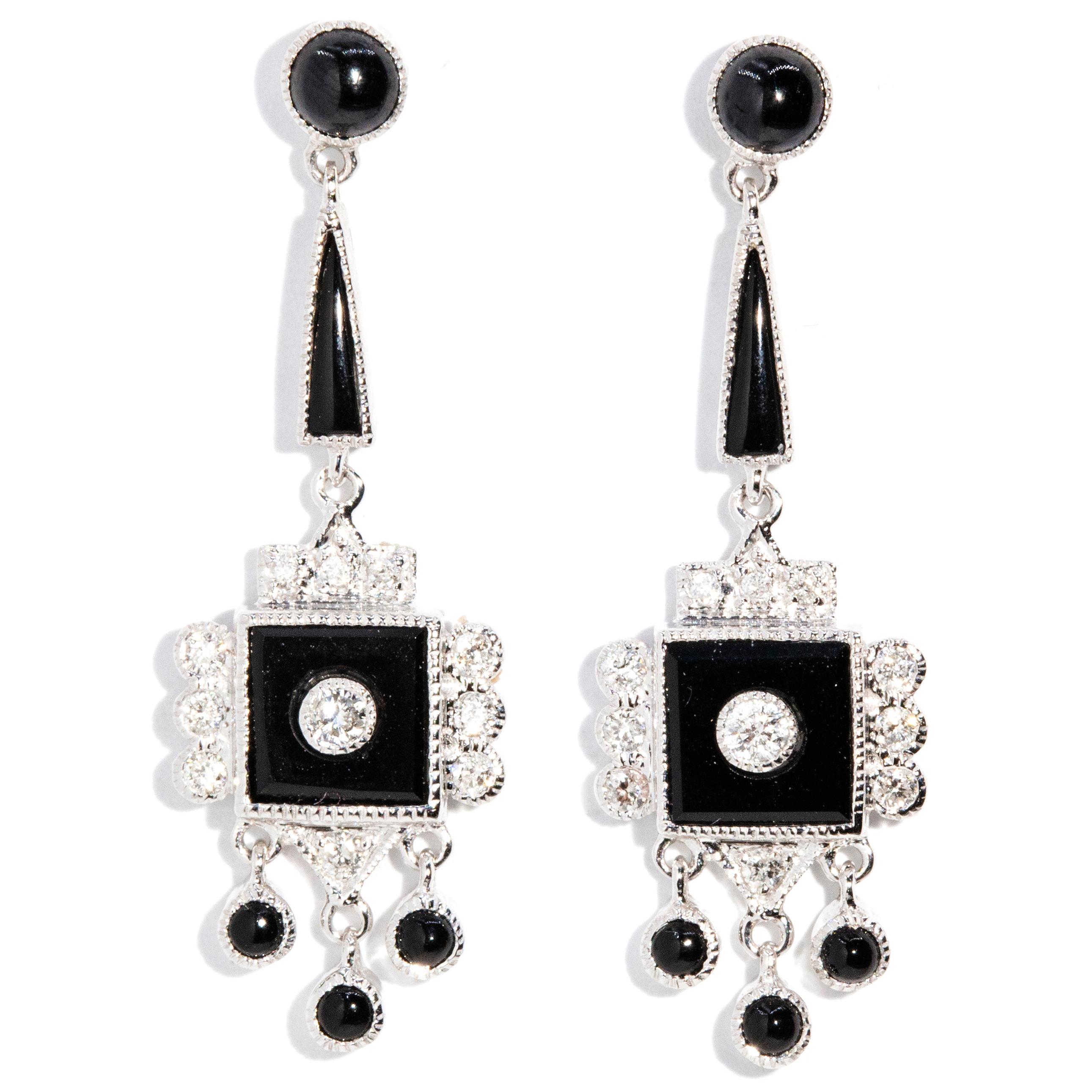 Contemporary Vintage Inspired Black Onyx Cabochon & Diamond Drop Style Earrings 9 Carat Gold For Sale