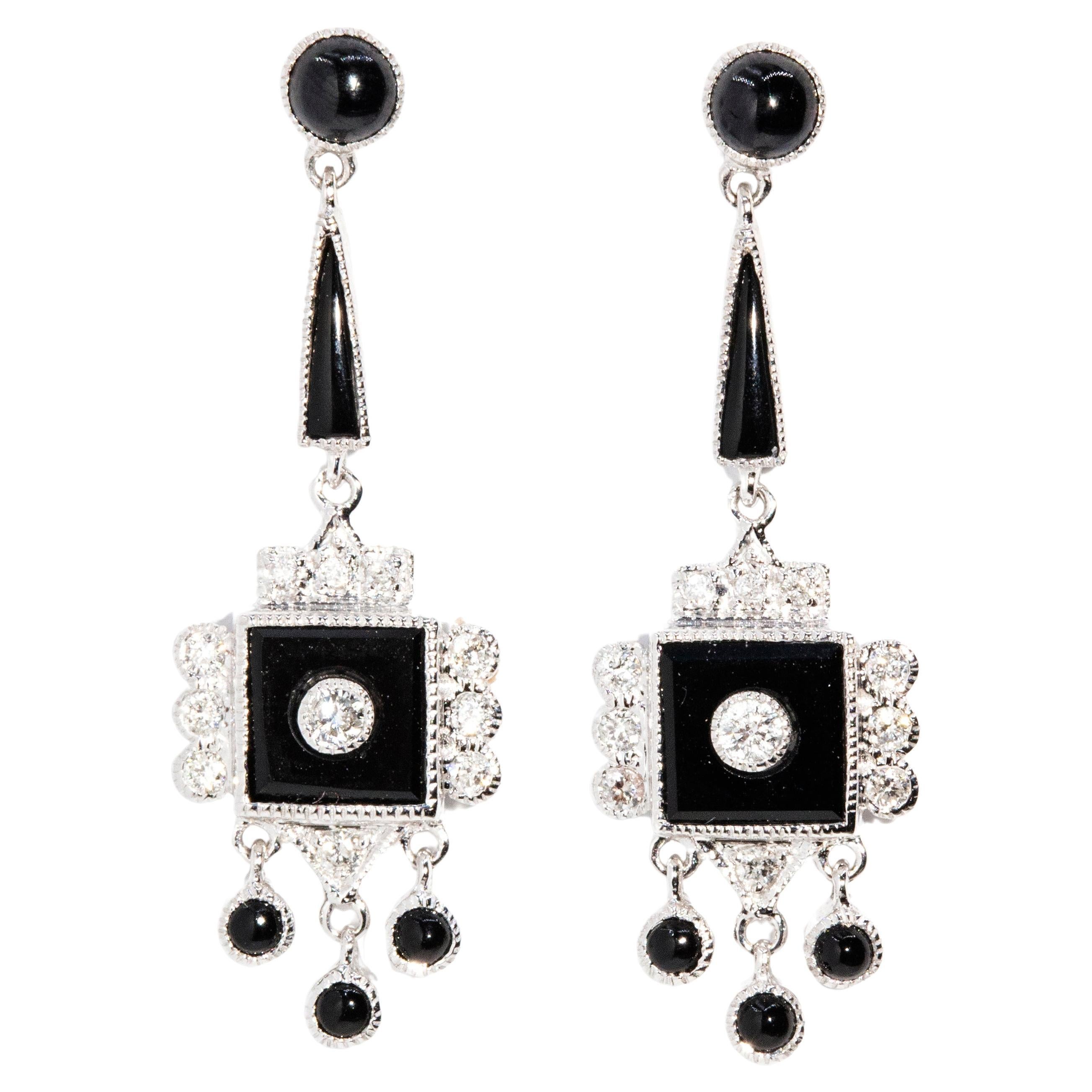 Vintage Inspired Black Onyx Cabochon & Diamond Drop Style Earrings 9 Carat Gold