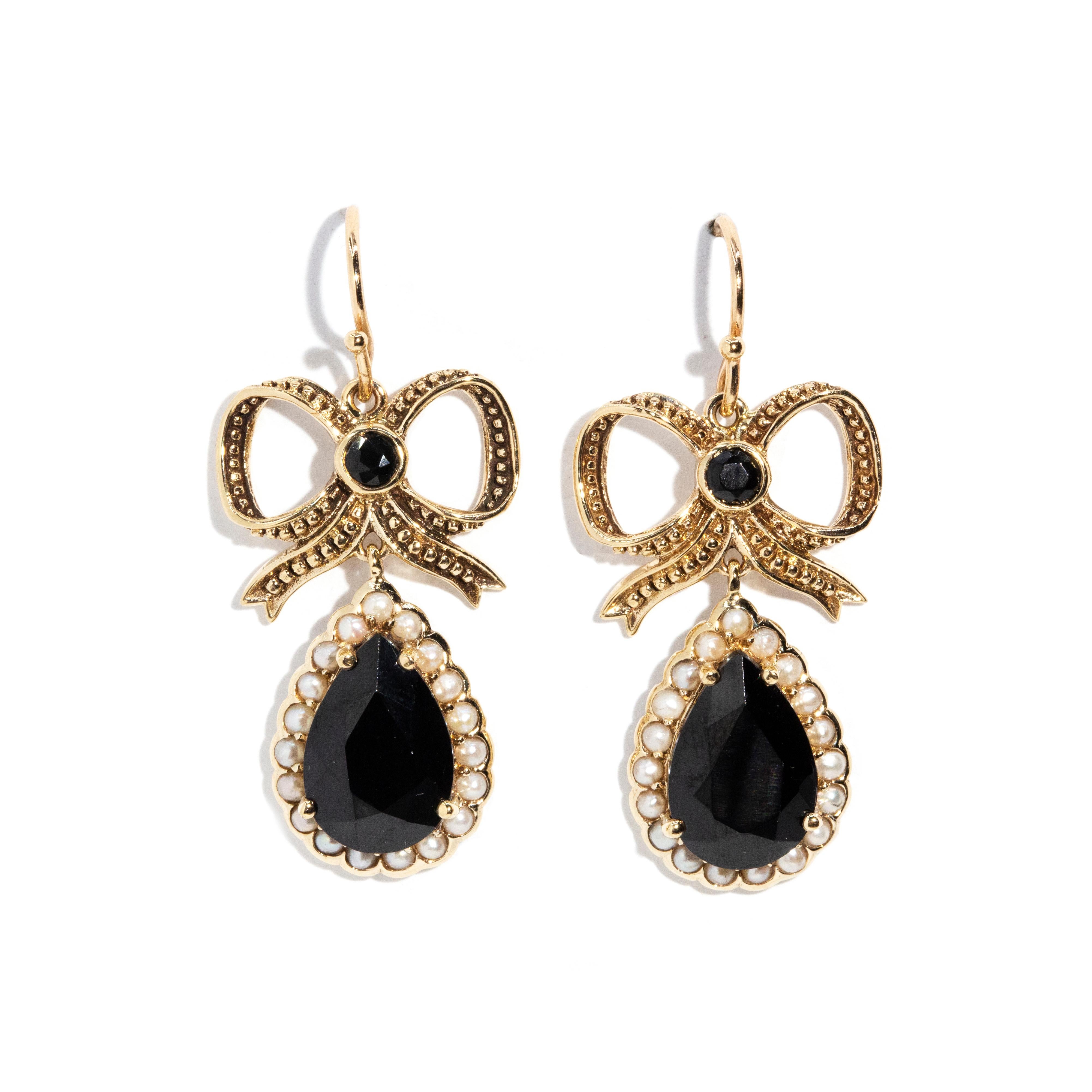 Contemporary Vintage Inspired Black Onyx & Seed Pearl Bow Drop Earrings 9 Carat Yellow Gold