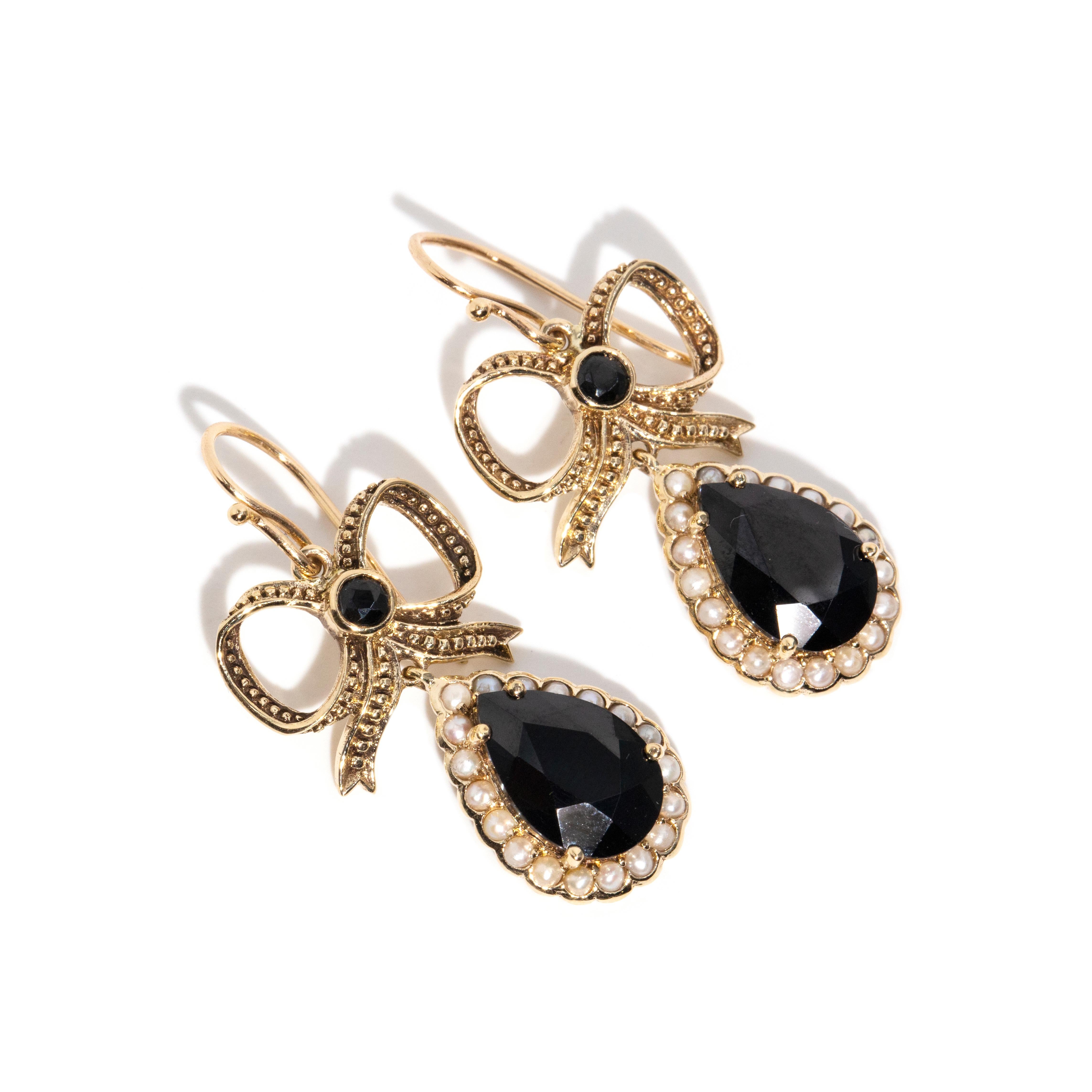 Vintage Inspired Black Onyx & Seed Pearl Bow Drop Earrings 9 Carat Yellow Gold In New Condition In Hamilton, AU