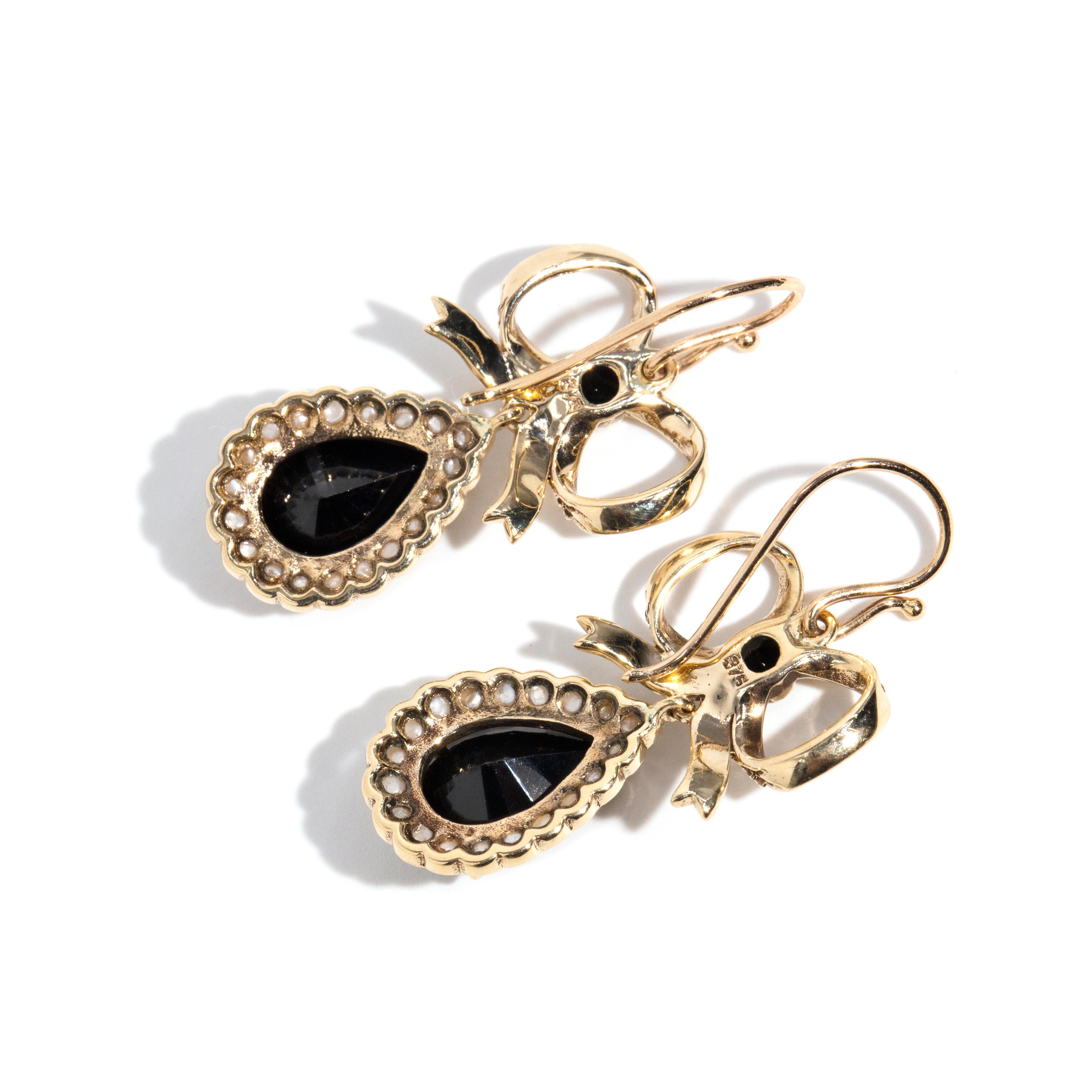 Vintage Inspired Black Onyx & Seed Pearl Bow Drop Earrings 9 Carat Yellow Gold 1
