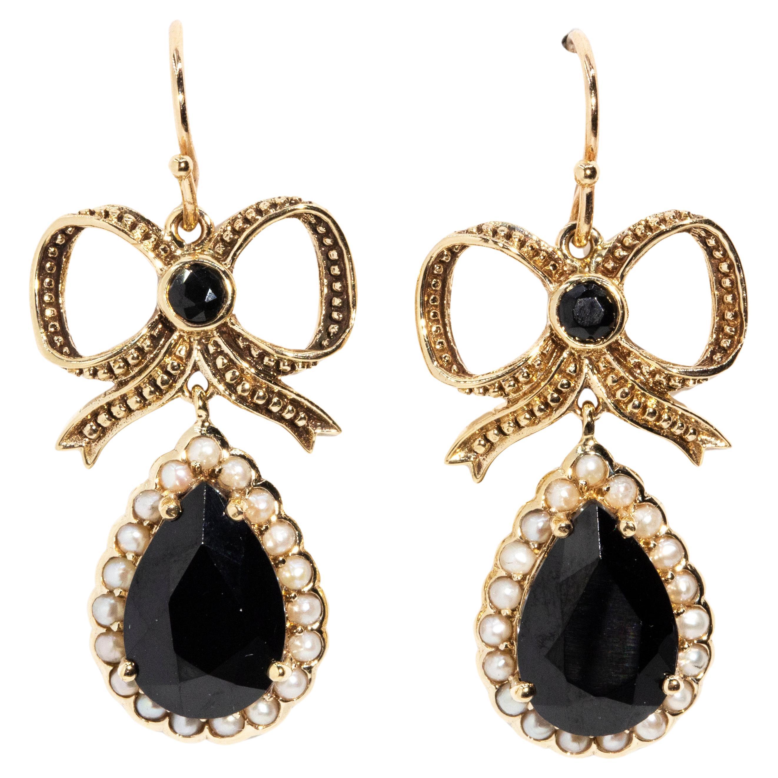 Vintage Inspired Black Onyx & Seed Pearl Bow Drop Earrings 9 Carat Yellow Gold