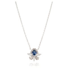 Vintage-Inspired Blue Sapphire & Diamond Floral Pendant Necklace 14K White Gold
