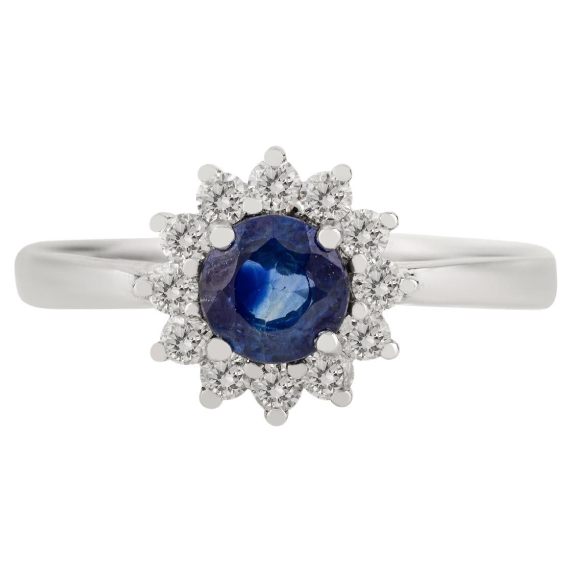 Anello aureola con zaffiro blu e diamante di ispirazione vintage per donna in oro bianco 14 carati