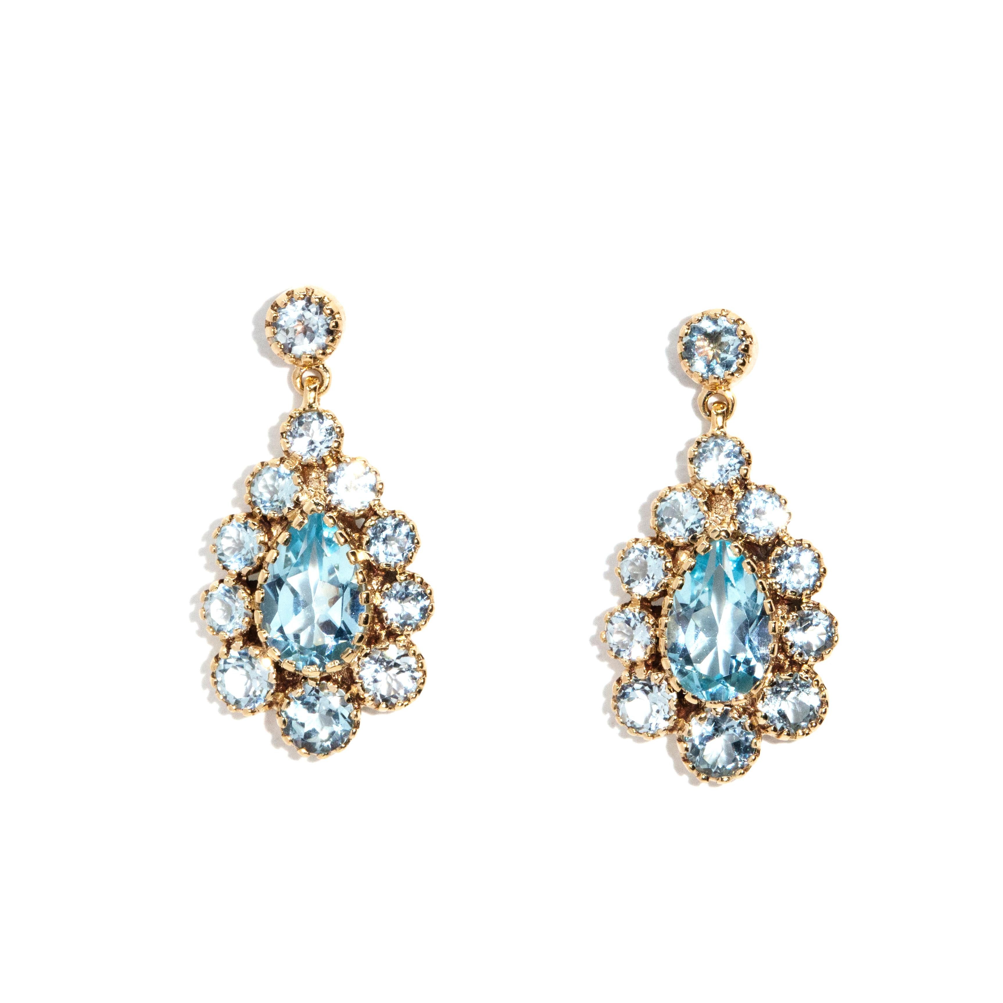 Contemporary Vintage Inspired Blue Topaz Art Deco Style Drop Earrings 9 Carat Rose Gold For Sale