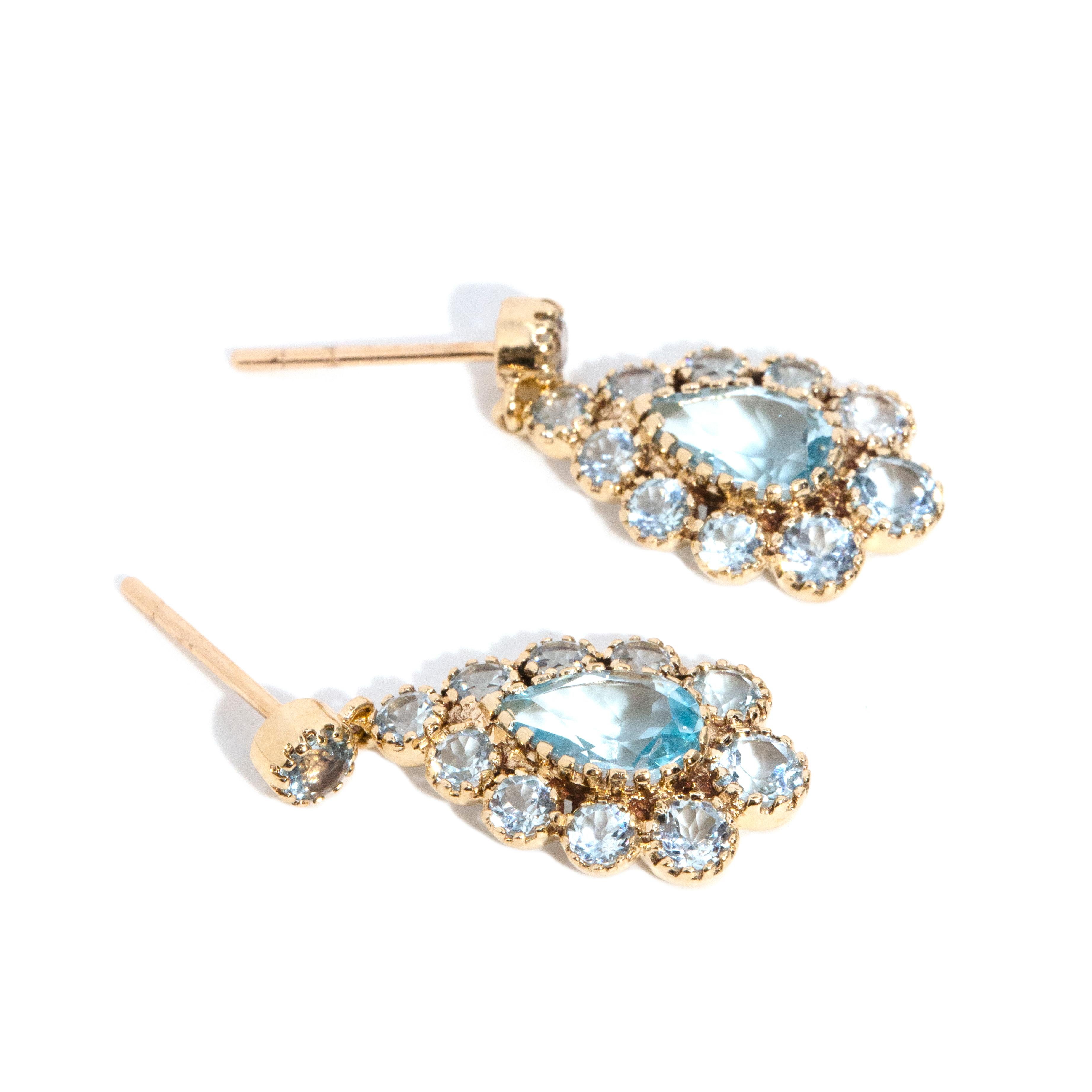 Vintage Inspired Blue Topaz Art Deco Style Drop Earrings 9 Carat Rose Gold In New Condition For Sale In Hamilton, AU