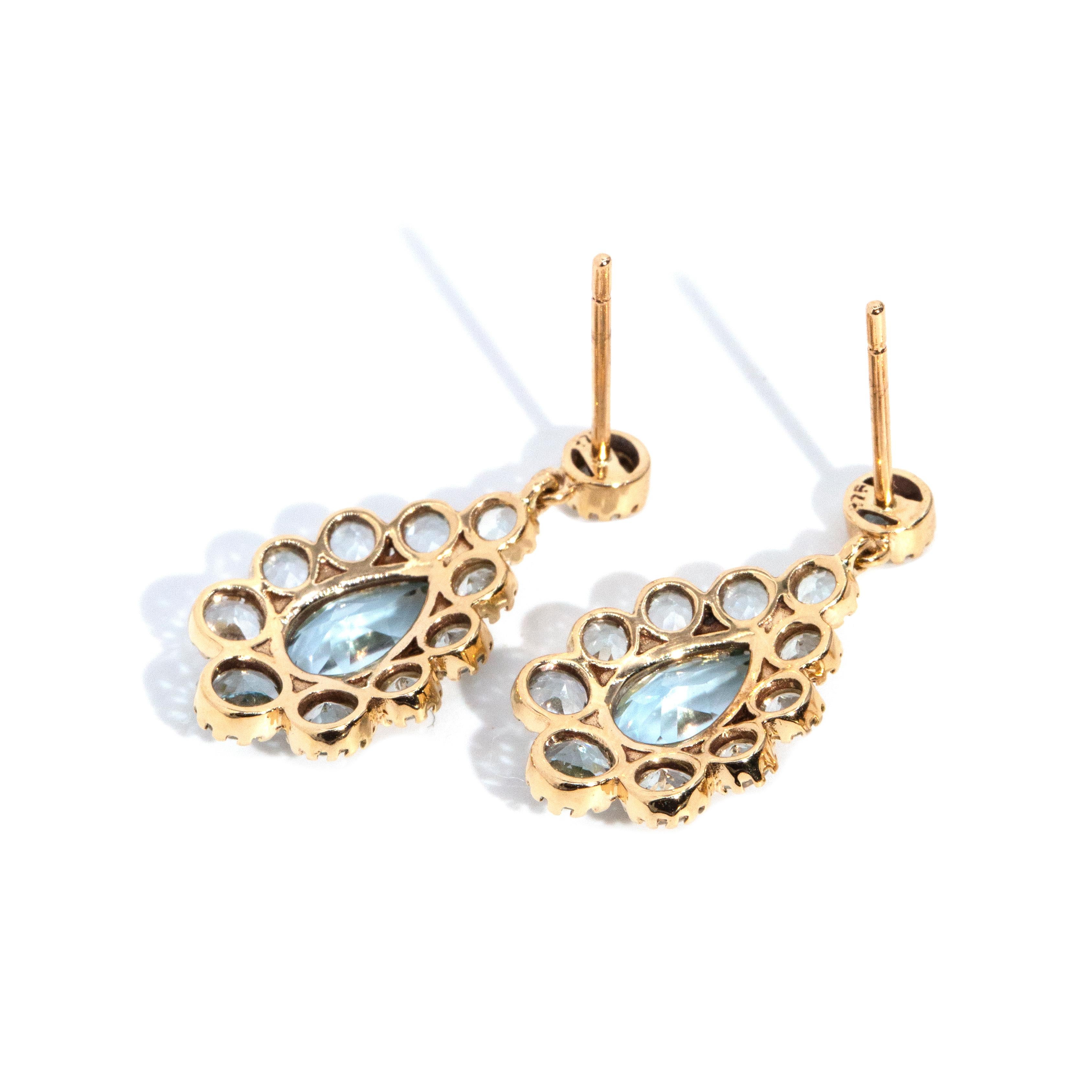 Vintage Inspired Blue Topaz Art Deco Style Drop Earrings 9 Carat Rose Gold For Sale 1