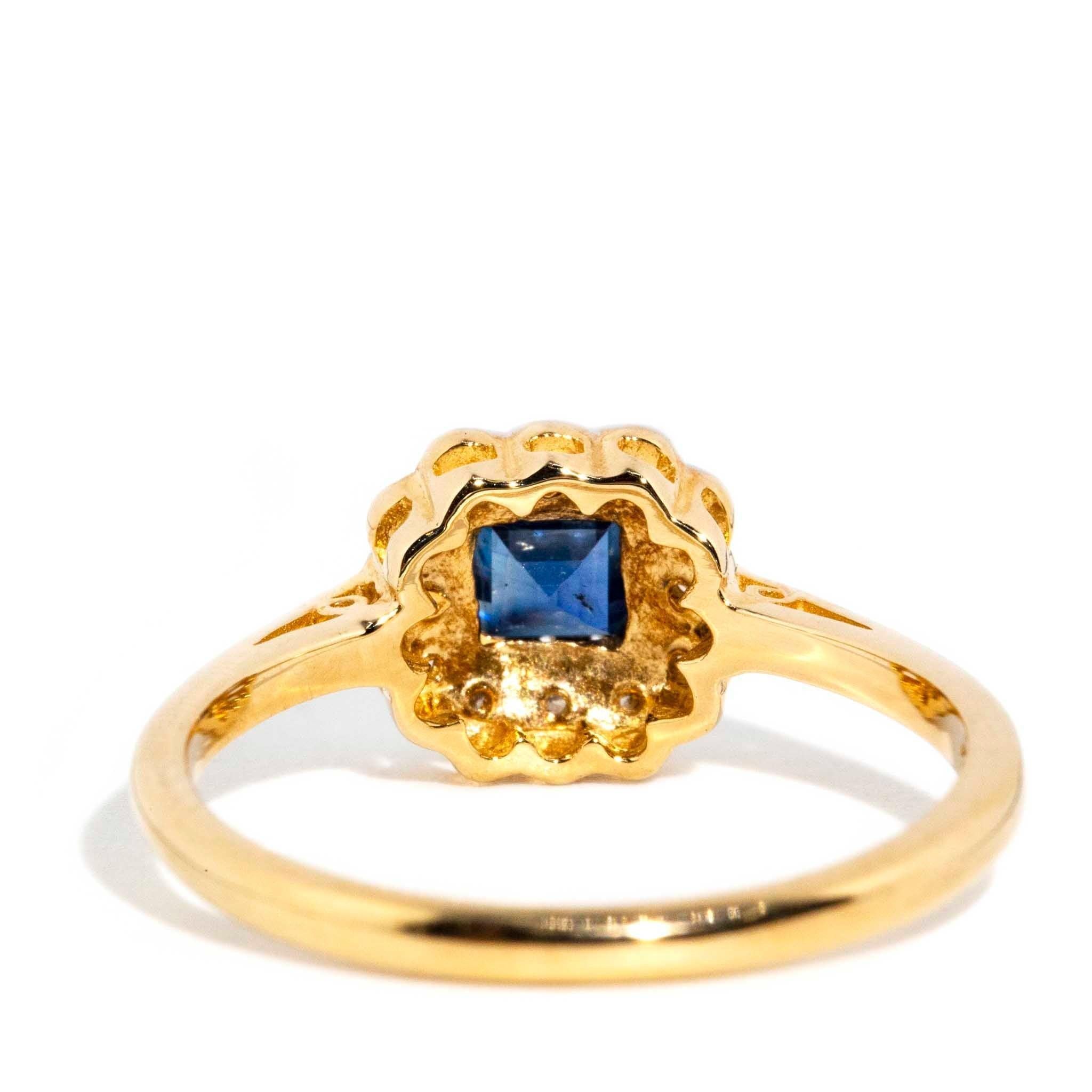 Vintage Inspired Bright Blue Square Sapphire & Diamond 9 Carat Gold Cluster Ring For Sale 4