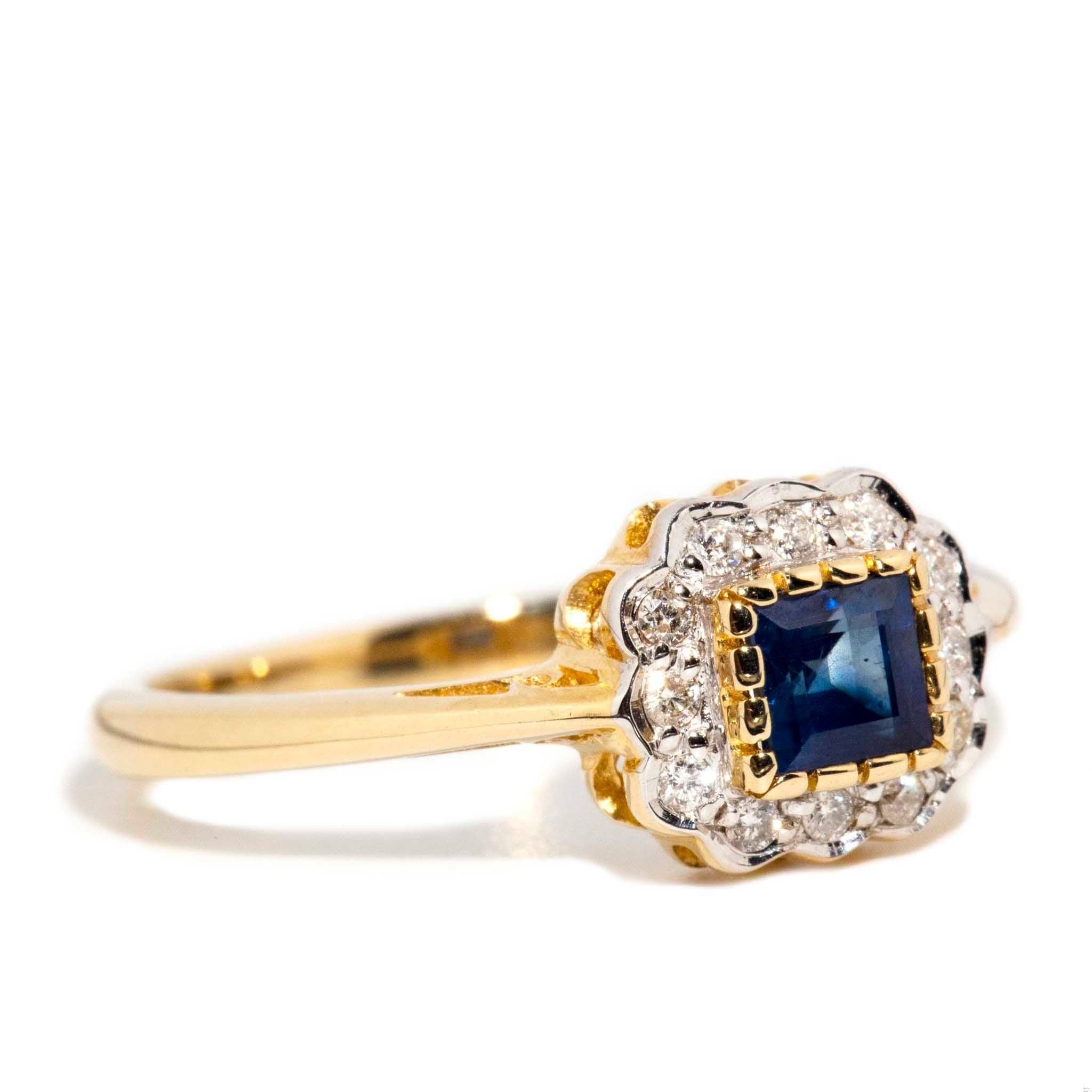The 9 carat gold Eloise Ring is a delicate reimagining of a vintage flower. Her radiant blue sapphire, surrounded by a halo of sparkling diamonds is a sweet gift for that someone special. Inspired by the romance of the silver screen she is looking