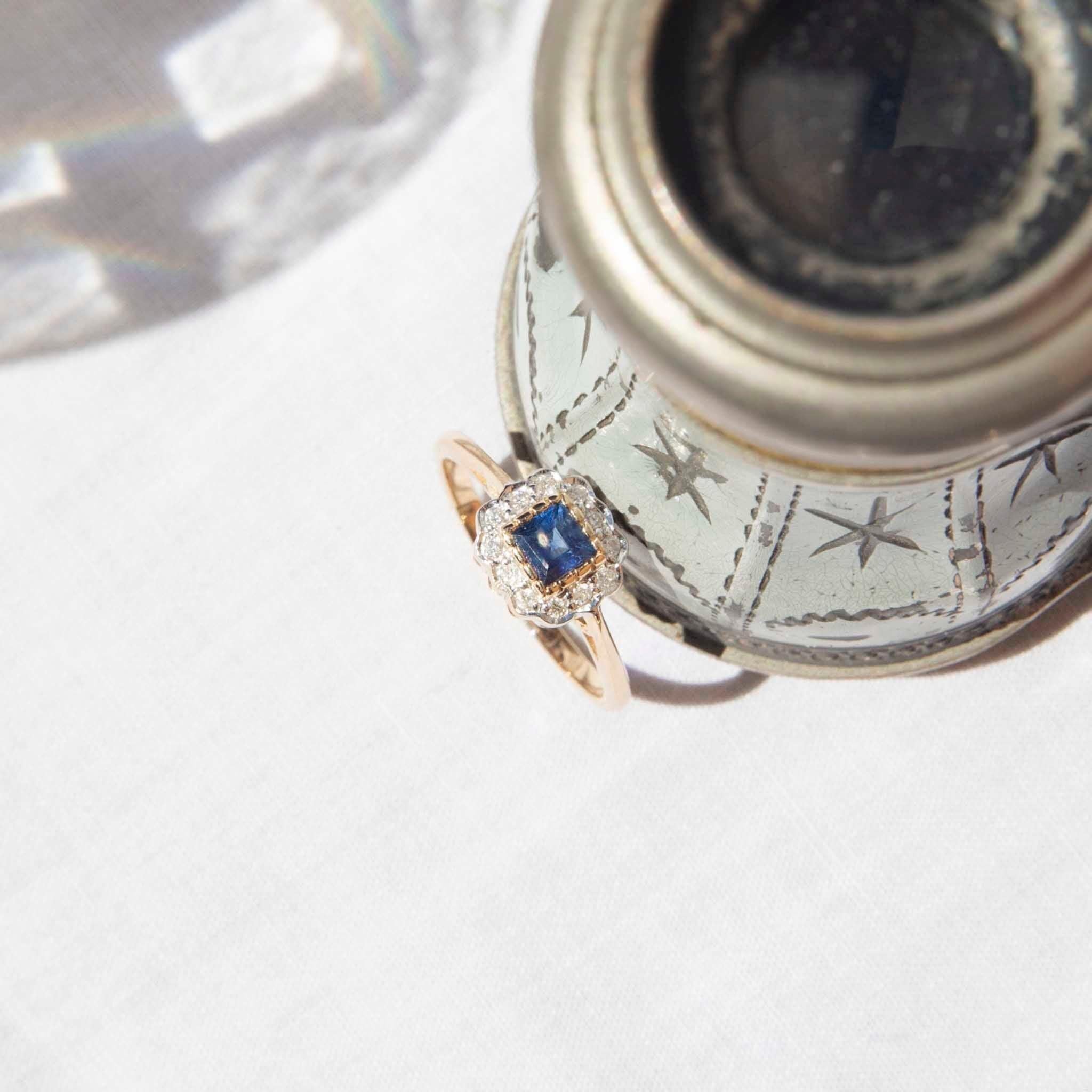 Modern Vintage Inspired Bright Blue Square Sapphire & Diamond 9 Carat Gold Cluster Ring For Sale