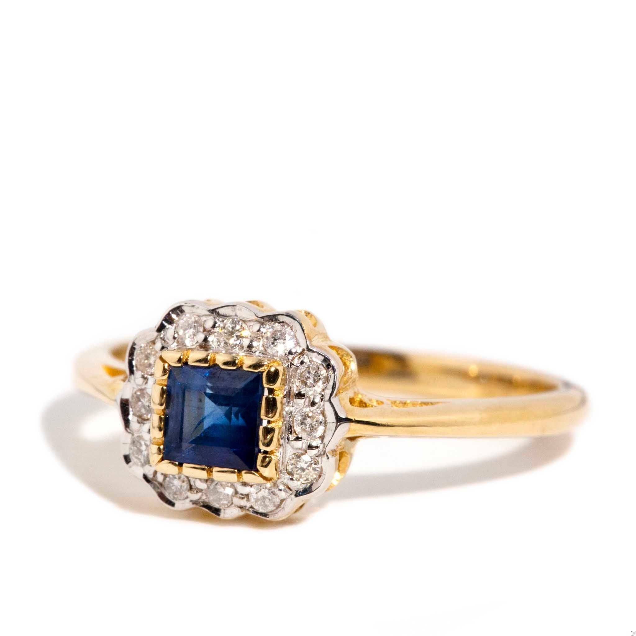 Vintage Inspired Bright Blue Square Sapphire & Diamond 9 Carat Gold Cluster Ring In New Condition For Sale In Hamilton, AU