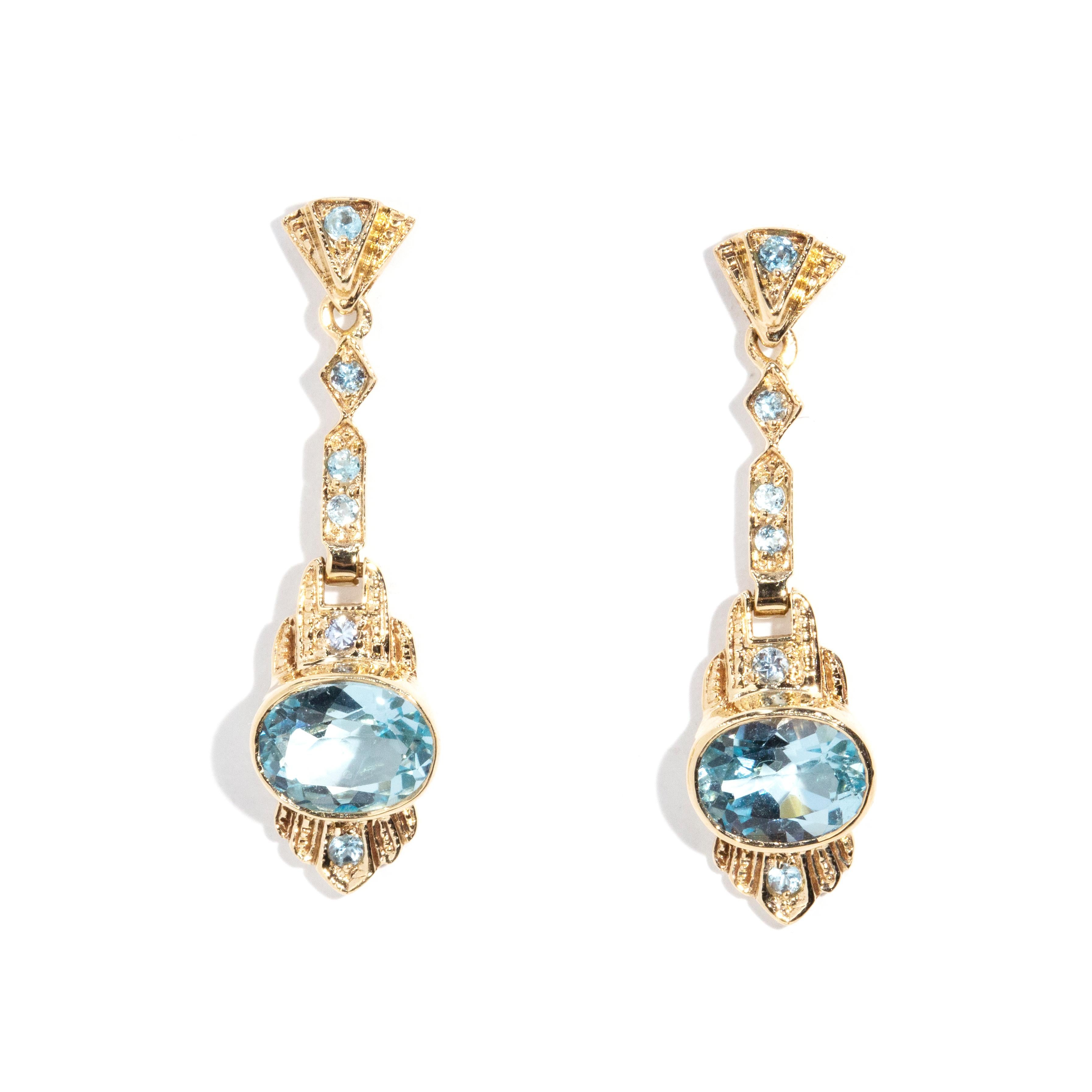 Contemporary Vintage Inspired Bright Blue Topaz Art Deco Style Drop Earrings 9 Carat Gold For Sale