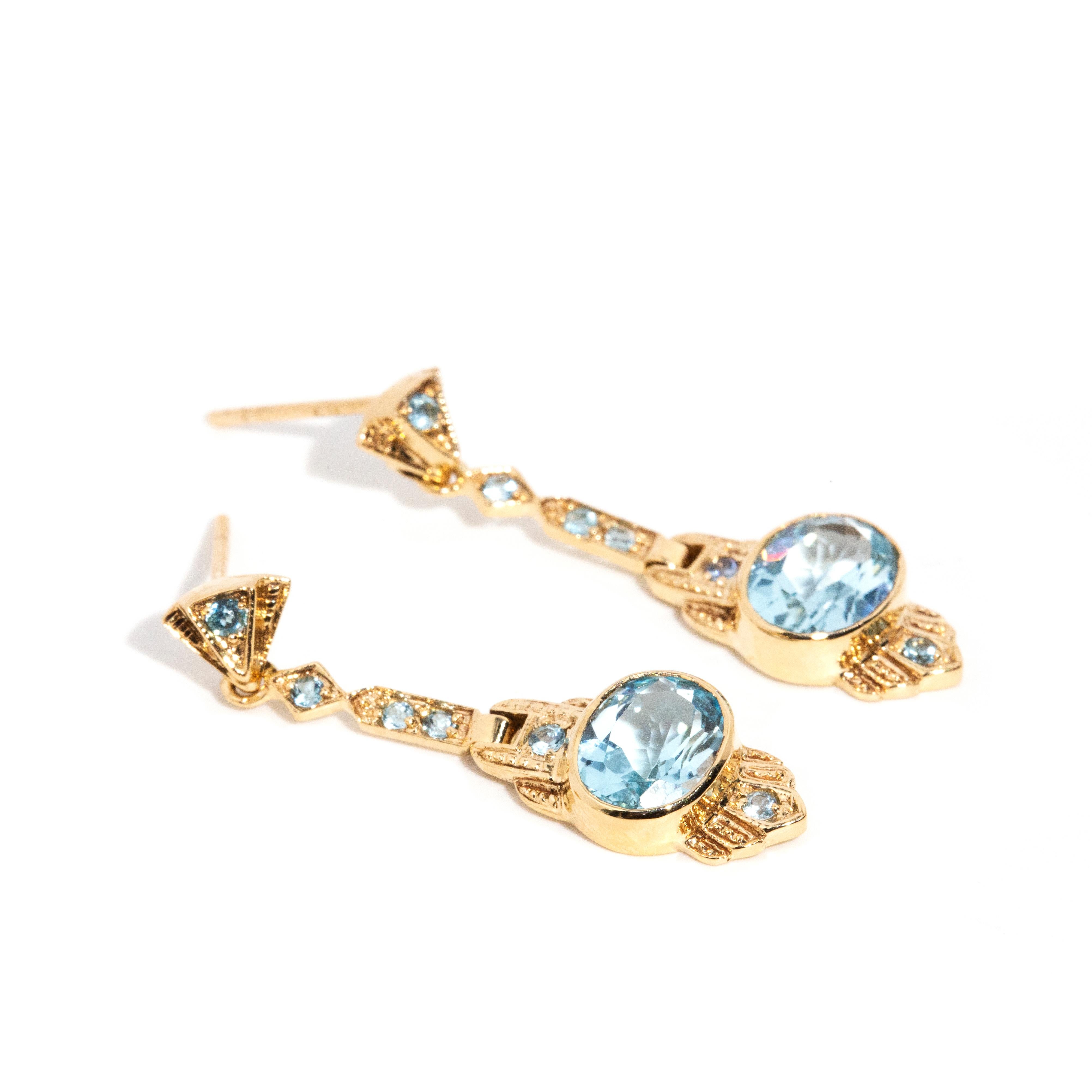 Vintage Inspired Bright Blue Topaz Art Deco Style Drop Earrings 9 Carat Gold In New Condition In Hamilton, AU